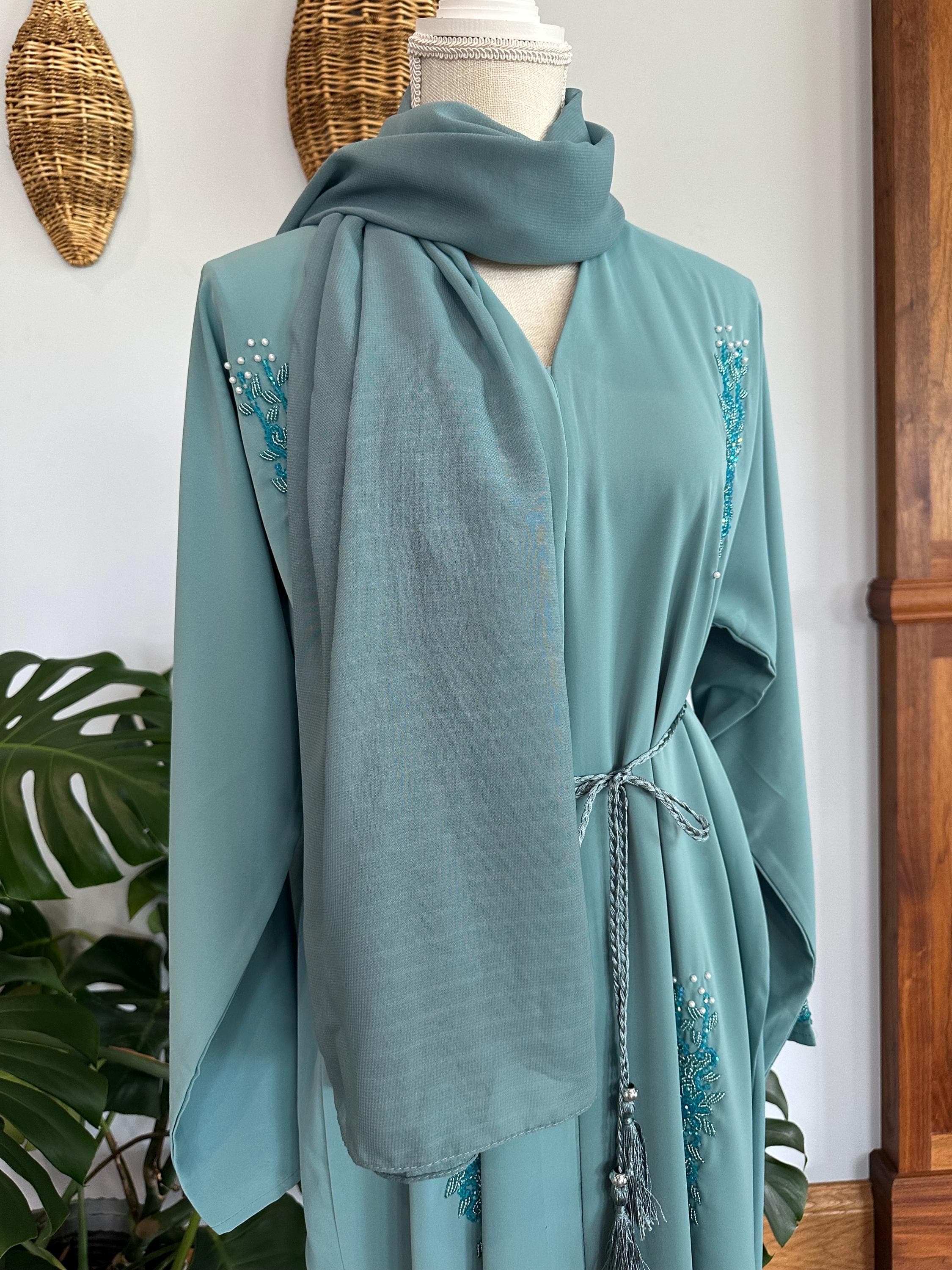 Aqua Blue Embellished Abaya with Belt & Headscarf