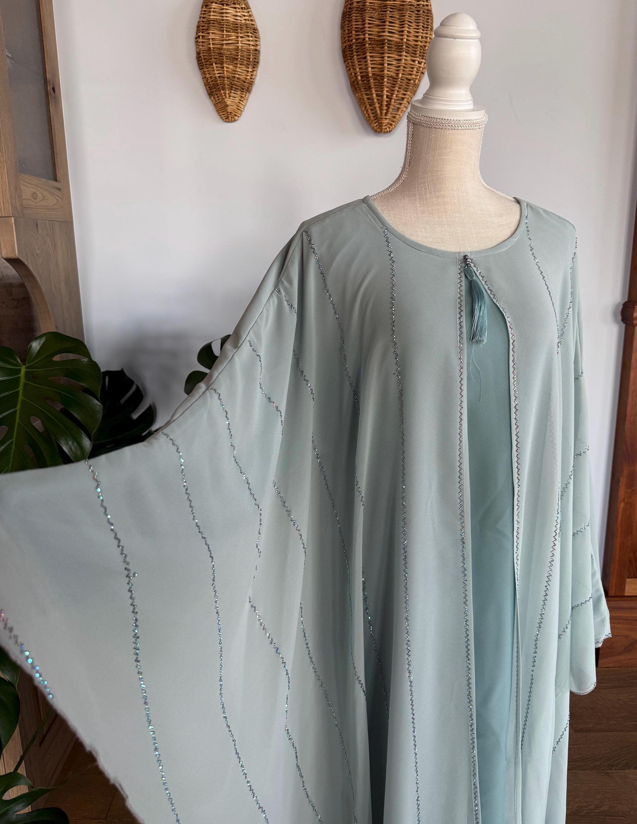 Light Blue Bedazzled Abaya with Headscarf - image 3