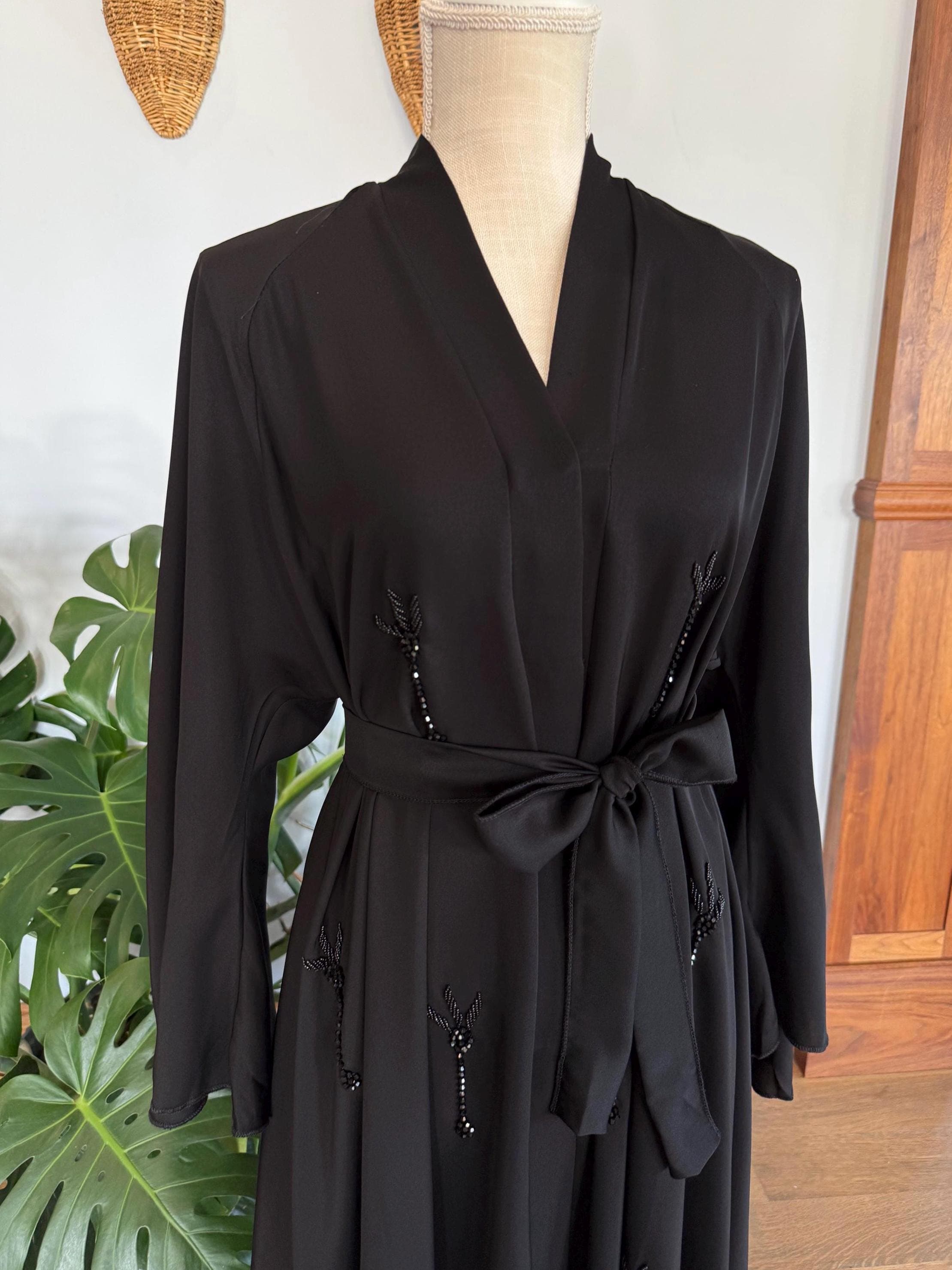 Black Palm-Embellished Abaya with Belt & Headscarf