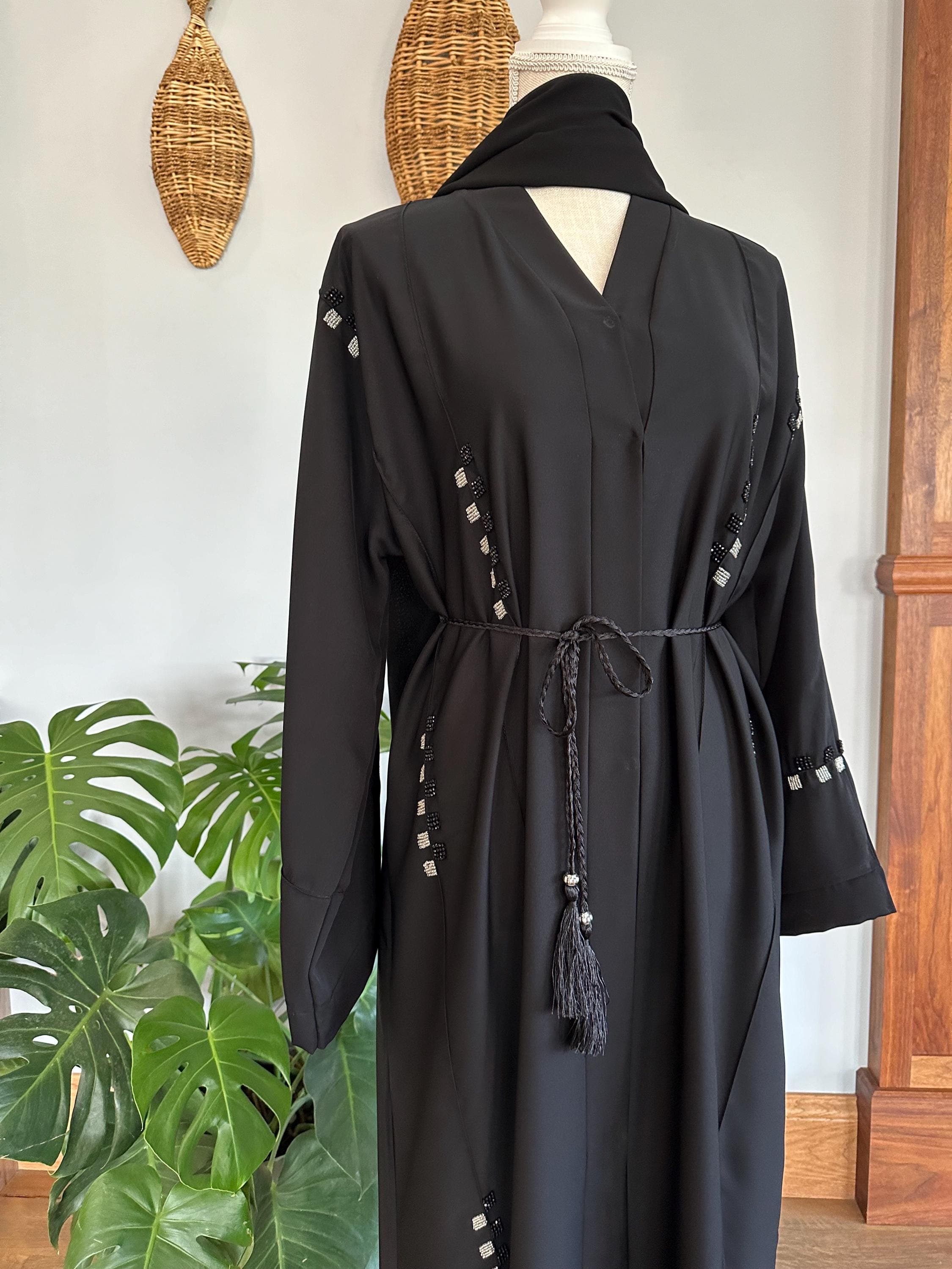 Black Embellished Abaya with Braided Belt & Headscarf