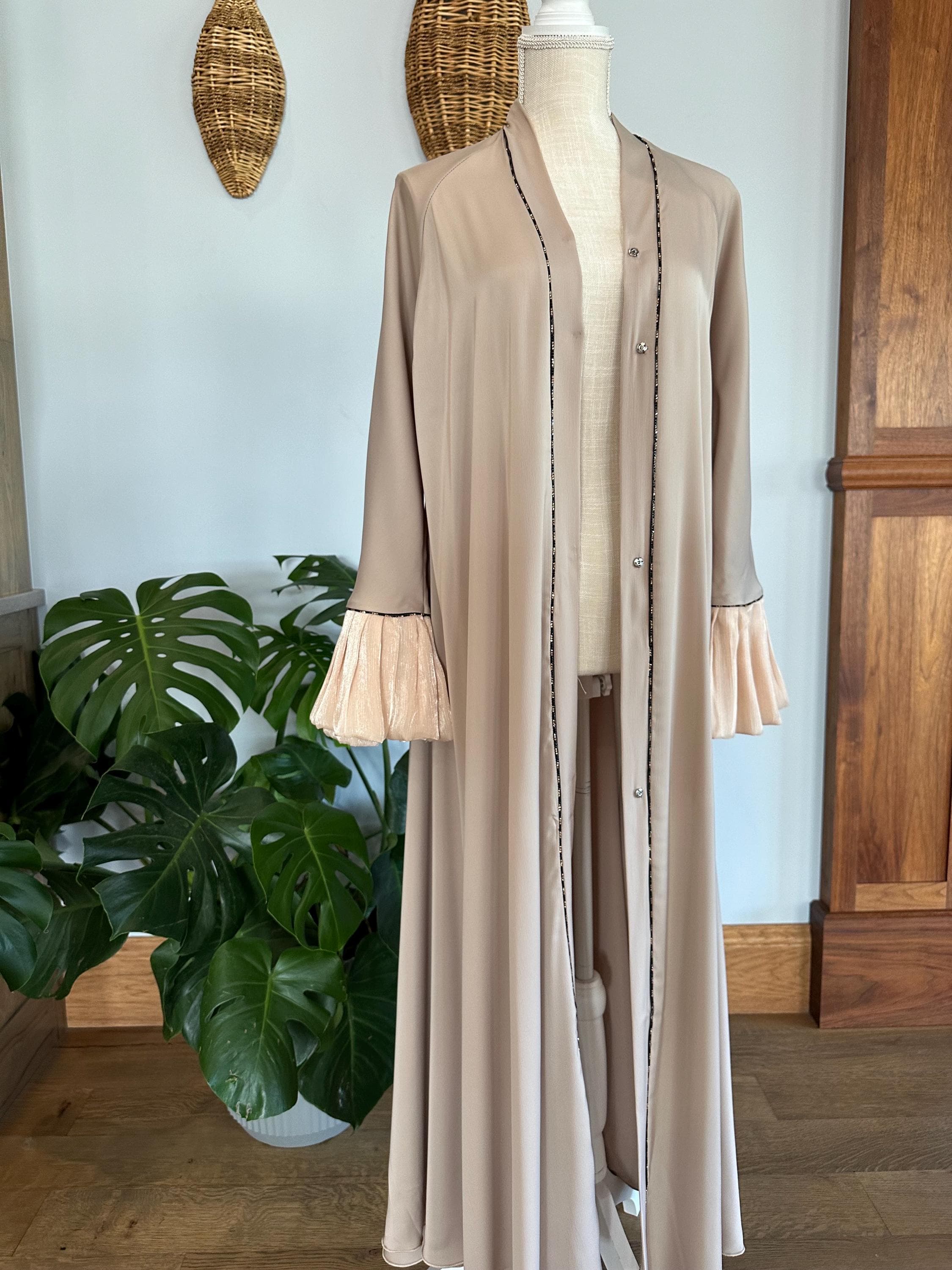 Beige Abaya with Black Detail, Matching Belt & Headscarf - image 3