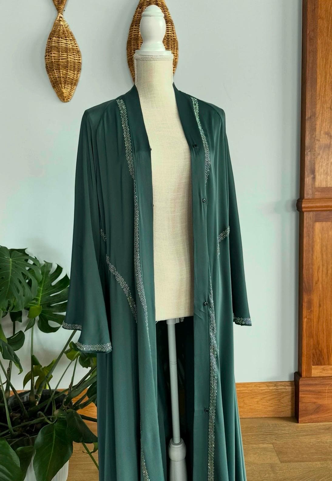 Green Beaded Dubai Abaya with Belt & Headscarf - image 4