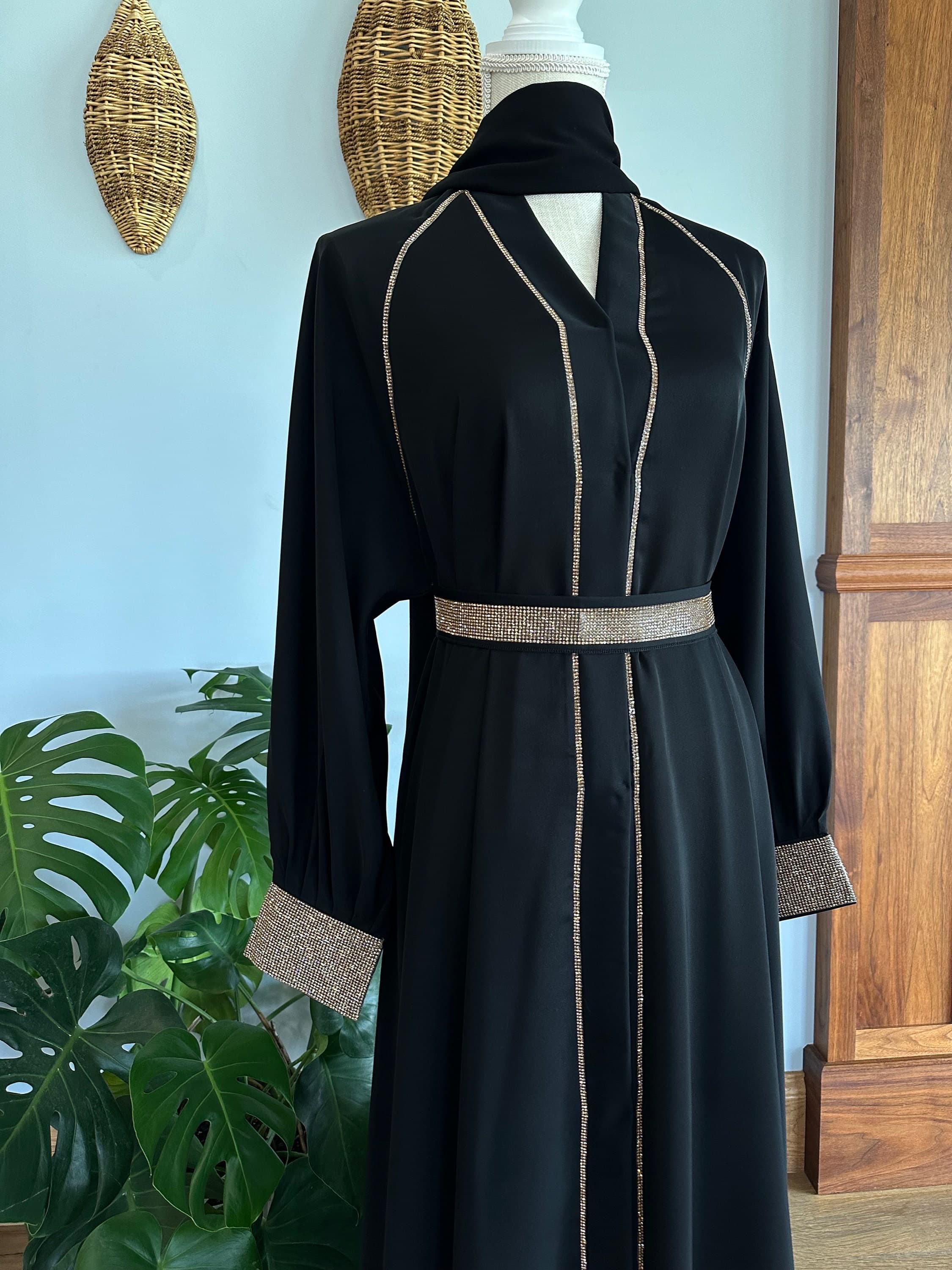 Evening Black Abaya: Gold Embellished Dubai Dress with Belt & Headscarf