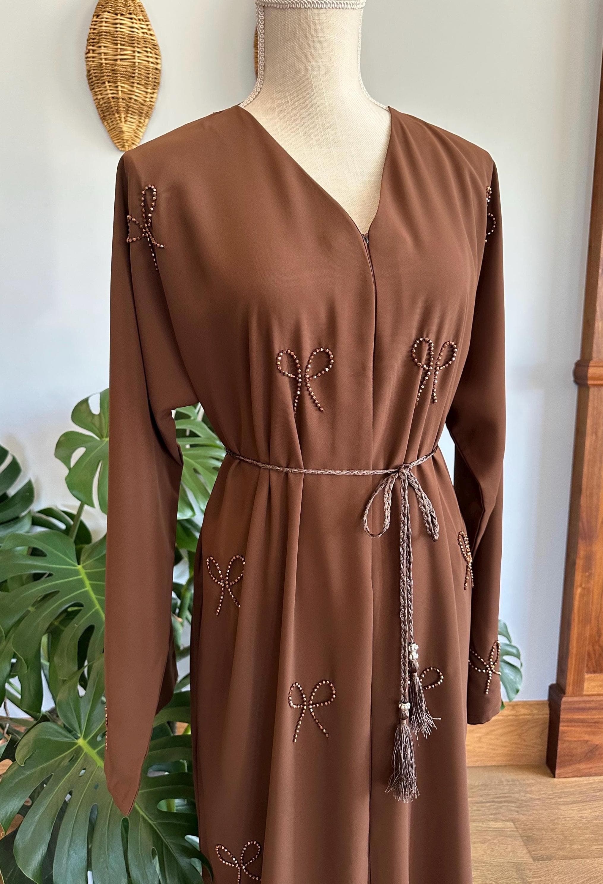 Brown Dubai Abaya with Bedazzled Bows, Women's Modest Dress - image 3