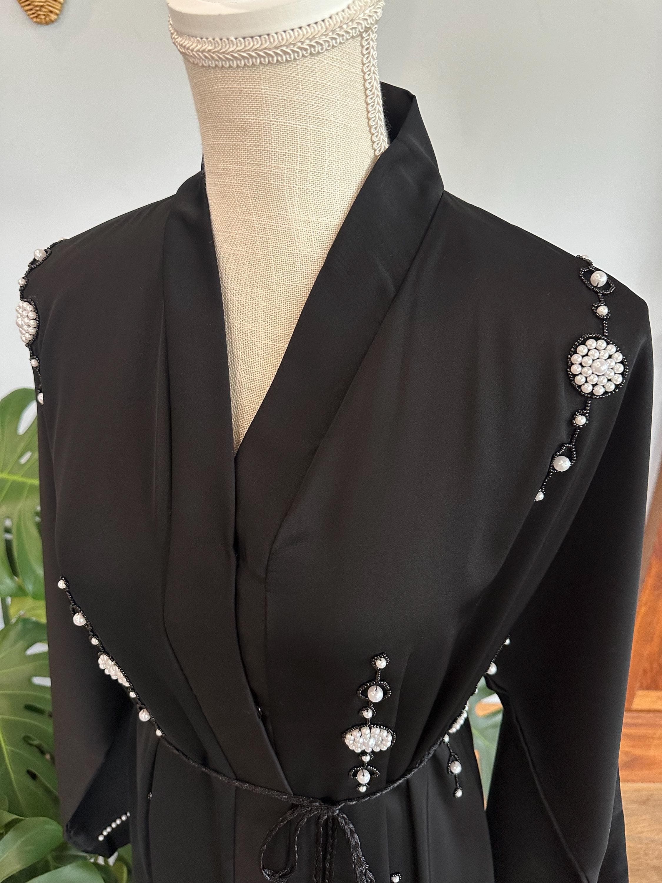 Black Abaya with Pearls, Braided Belt & Headscarf - image 4