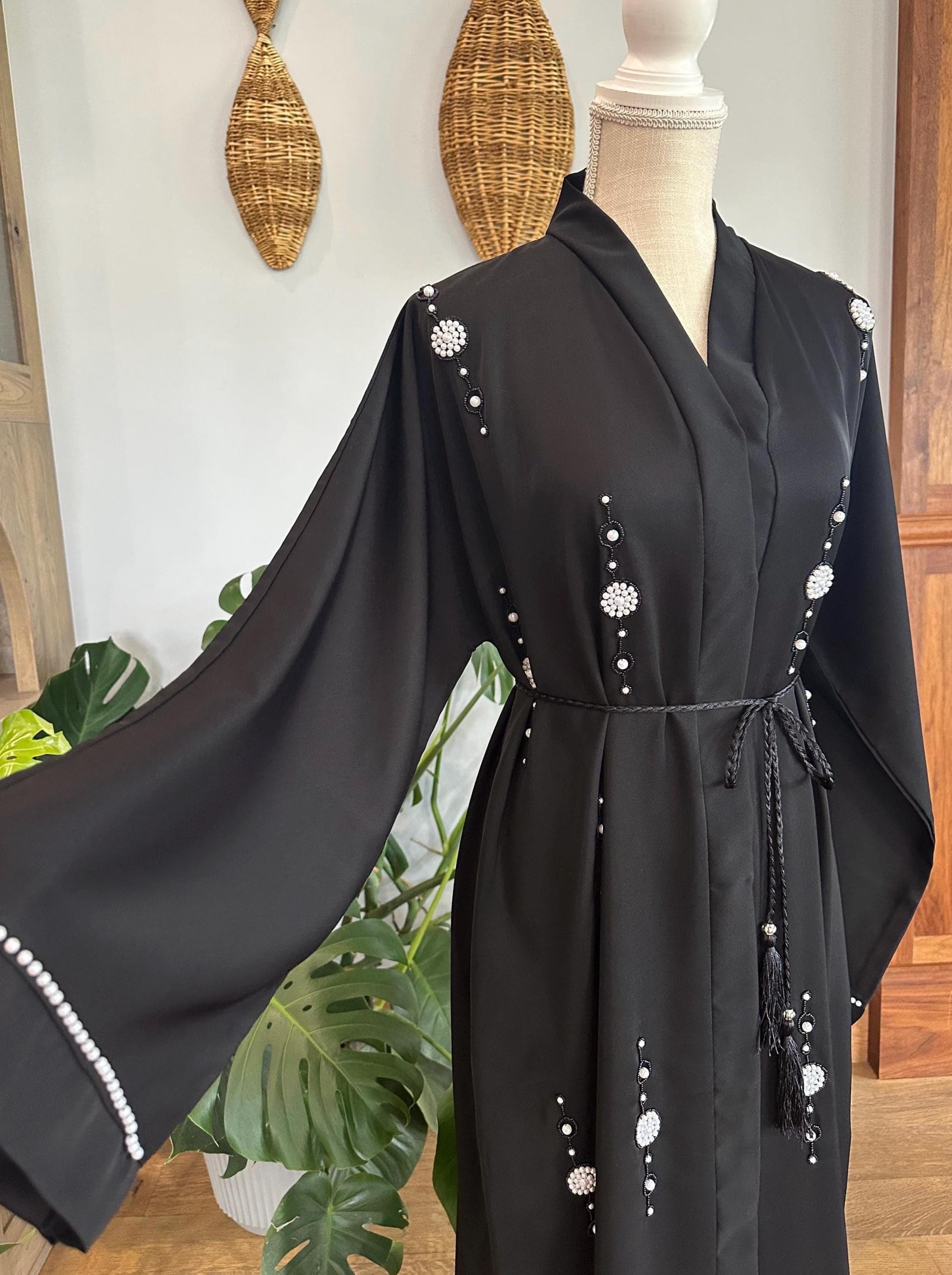 Black Abaya with Pearls, Braided Belt & Headscarf
