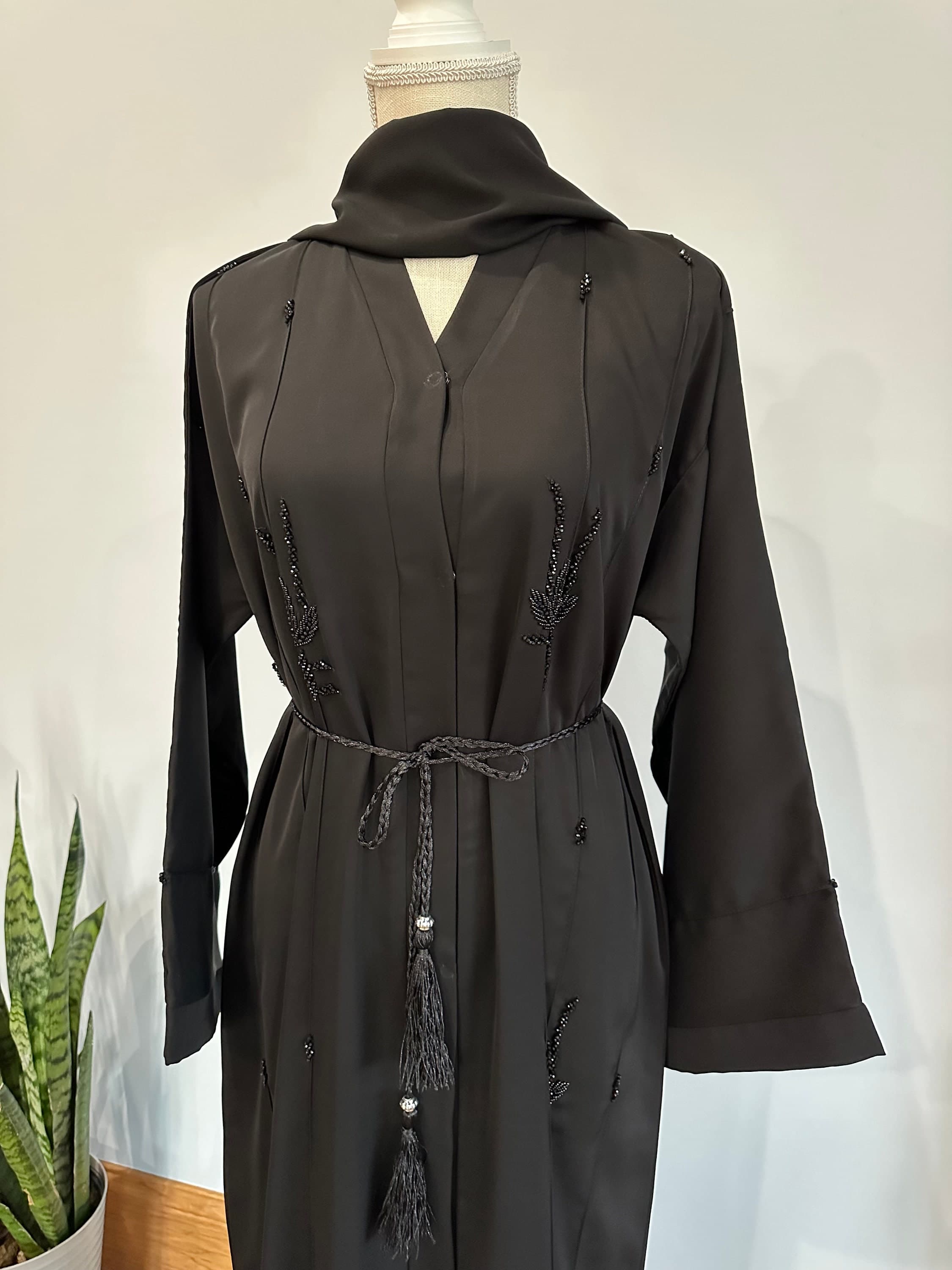 Black Embellished Abaya with Belt & Headscarf - image 5