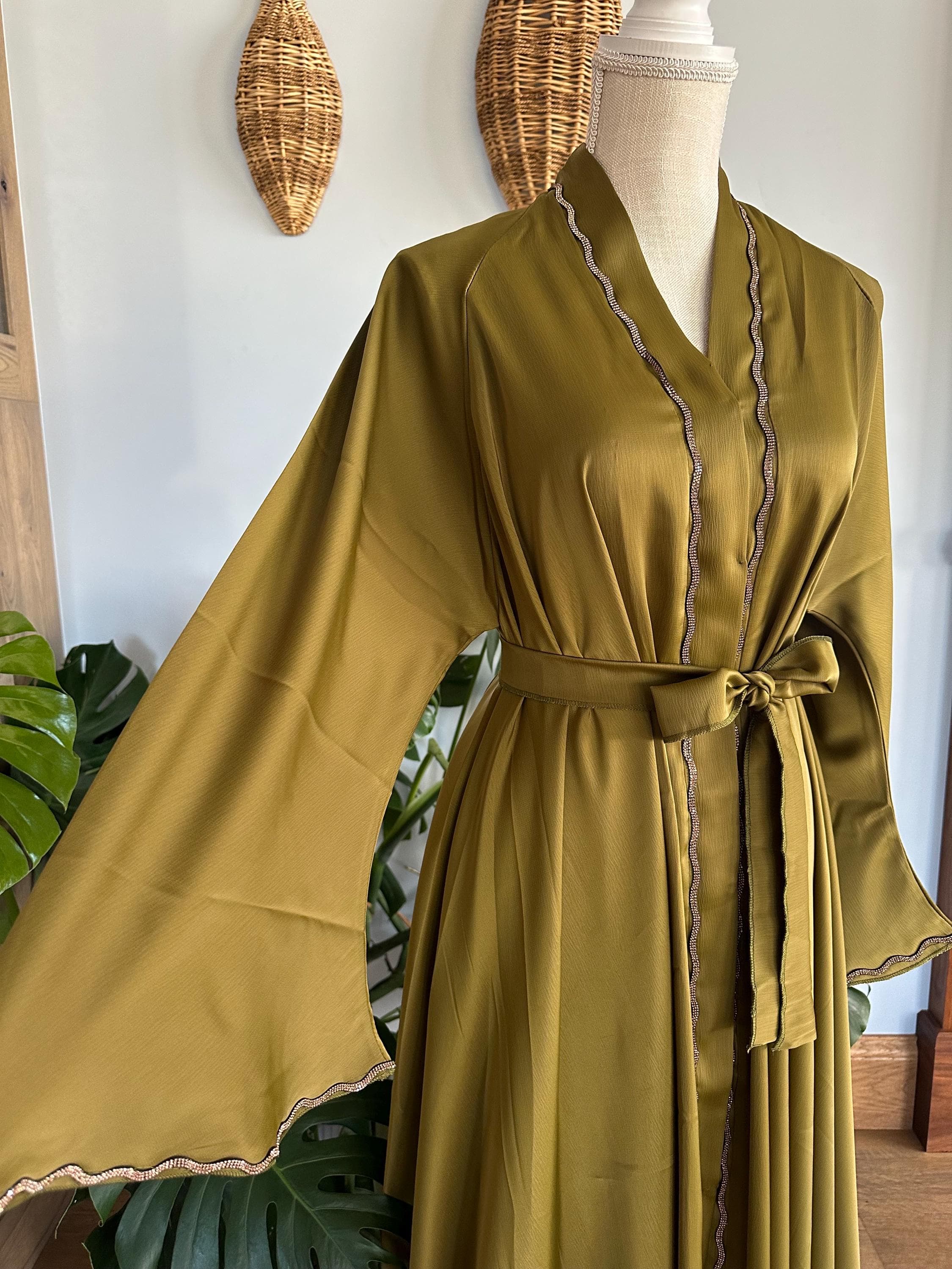 Olive Green Abaya with Gold Detail, Modest Dubai Style, Matching Headscarf & Belt - image 4
