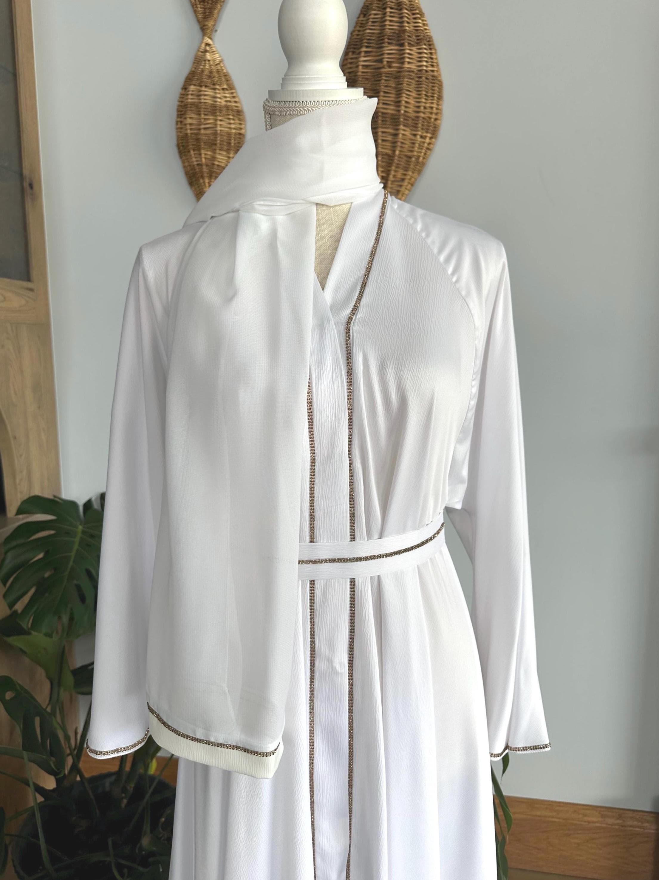White Abaya with Gold Detail: Dubai Style Dress & Headscarf - image 3