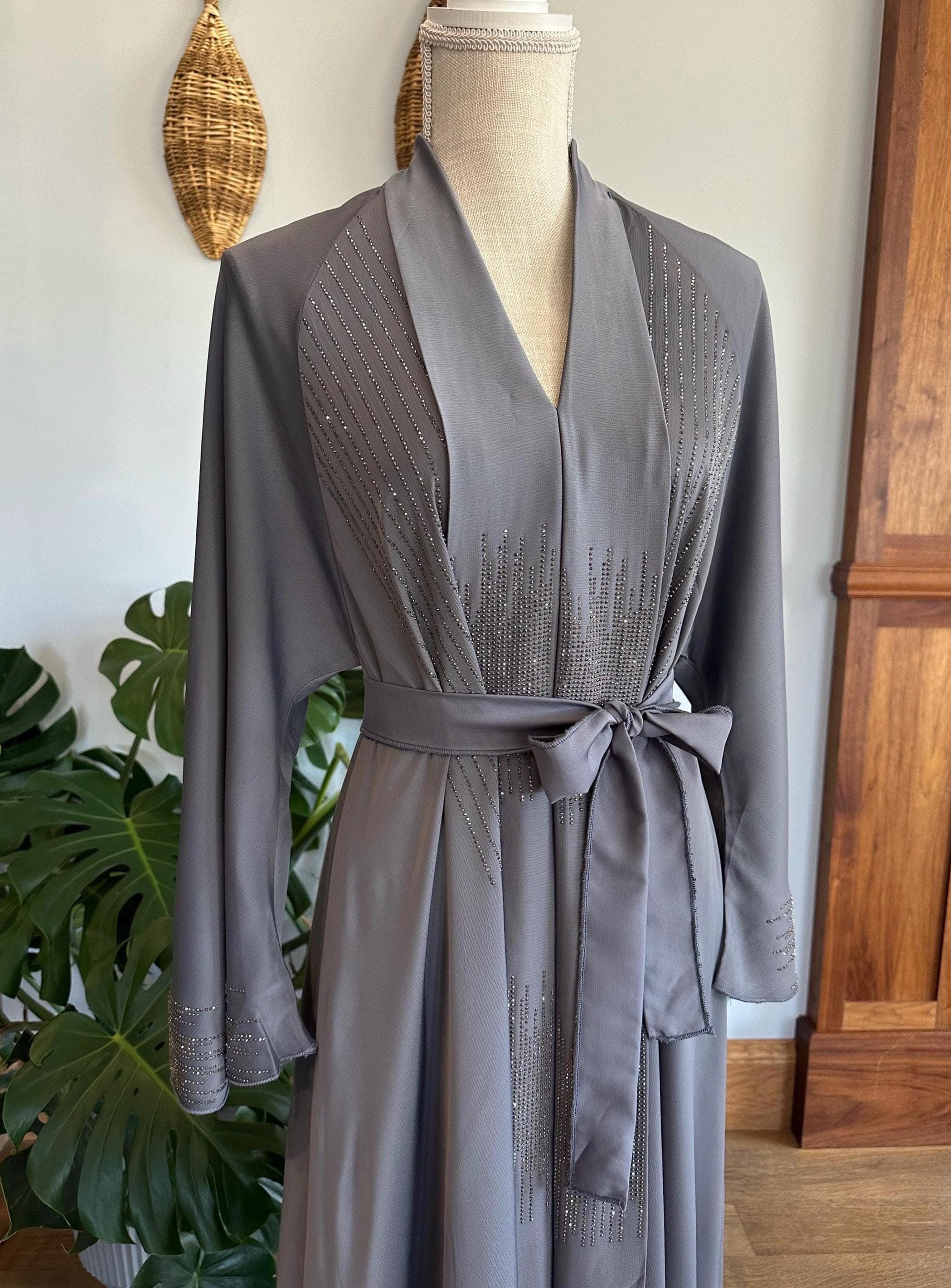 Grey Dubai Abaya with Matching Belt & Headscarf - Modest Women's Dress - image 4
