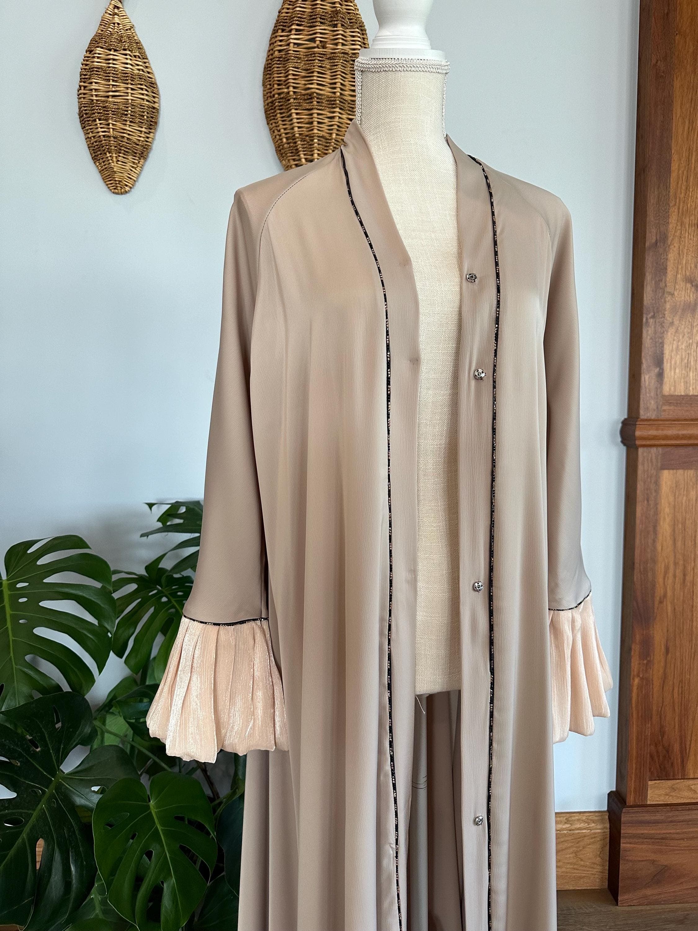 Beige Abaya with Black Detail, Matching Belt & Headscarf