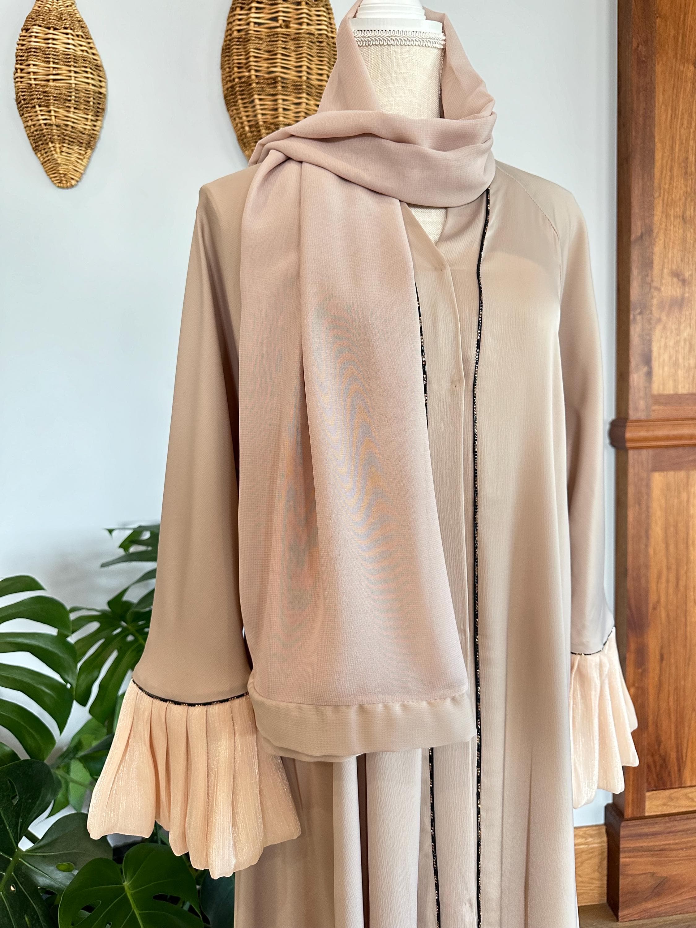 Beige Abaya with Black Detail, Matching Belt & Headscarf - image 5