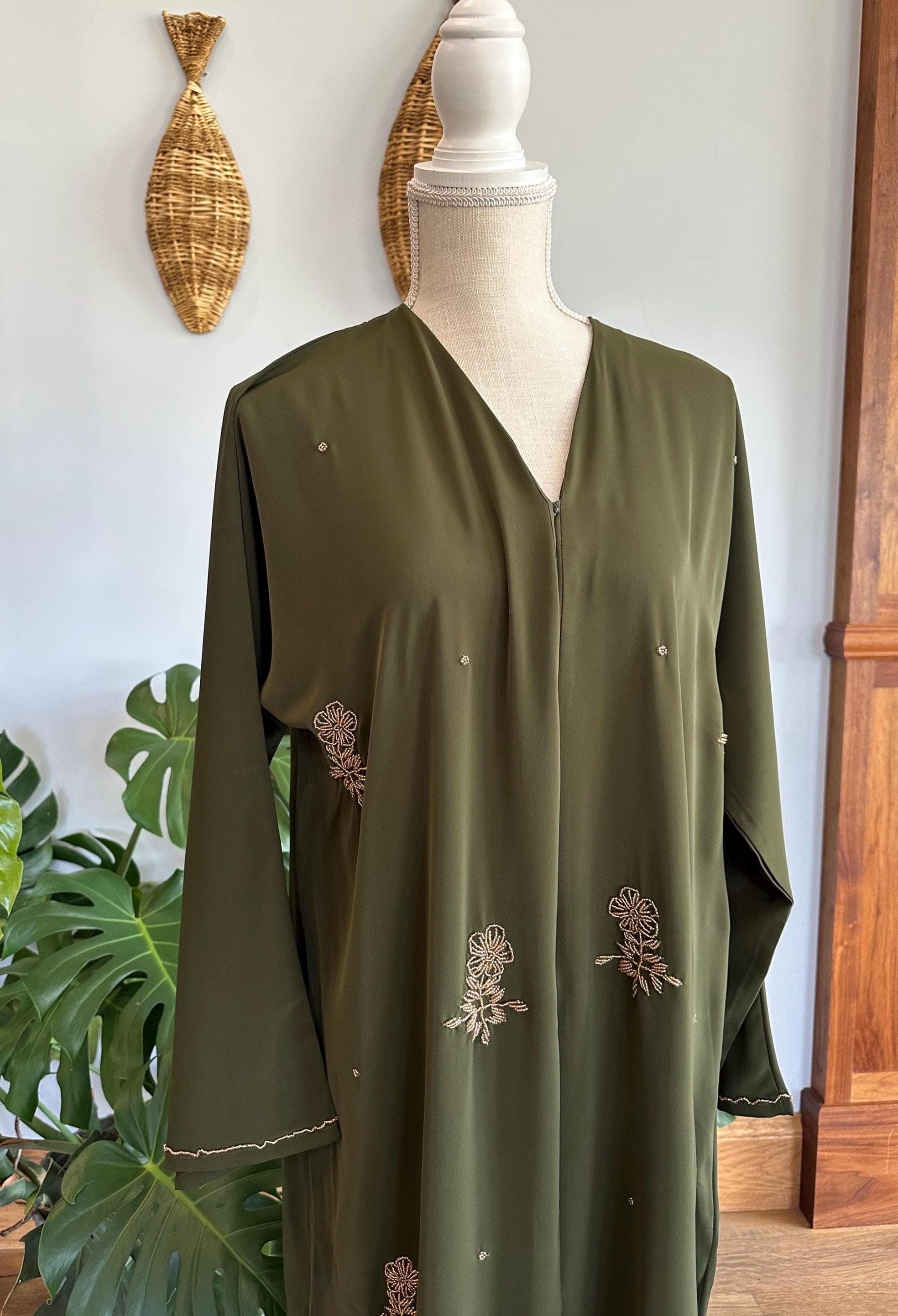 Olive Green Dubai Abaya with Gold Beaded Flowers - image 5