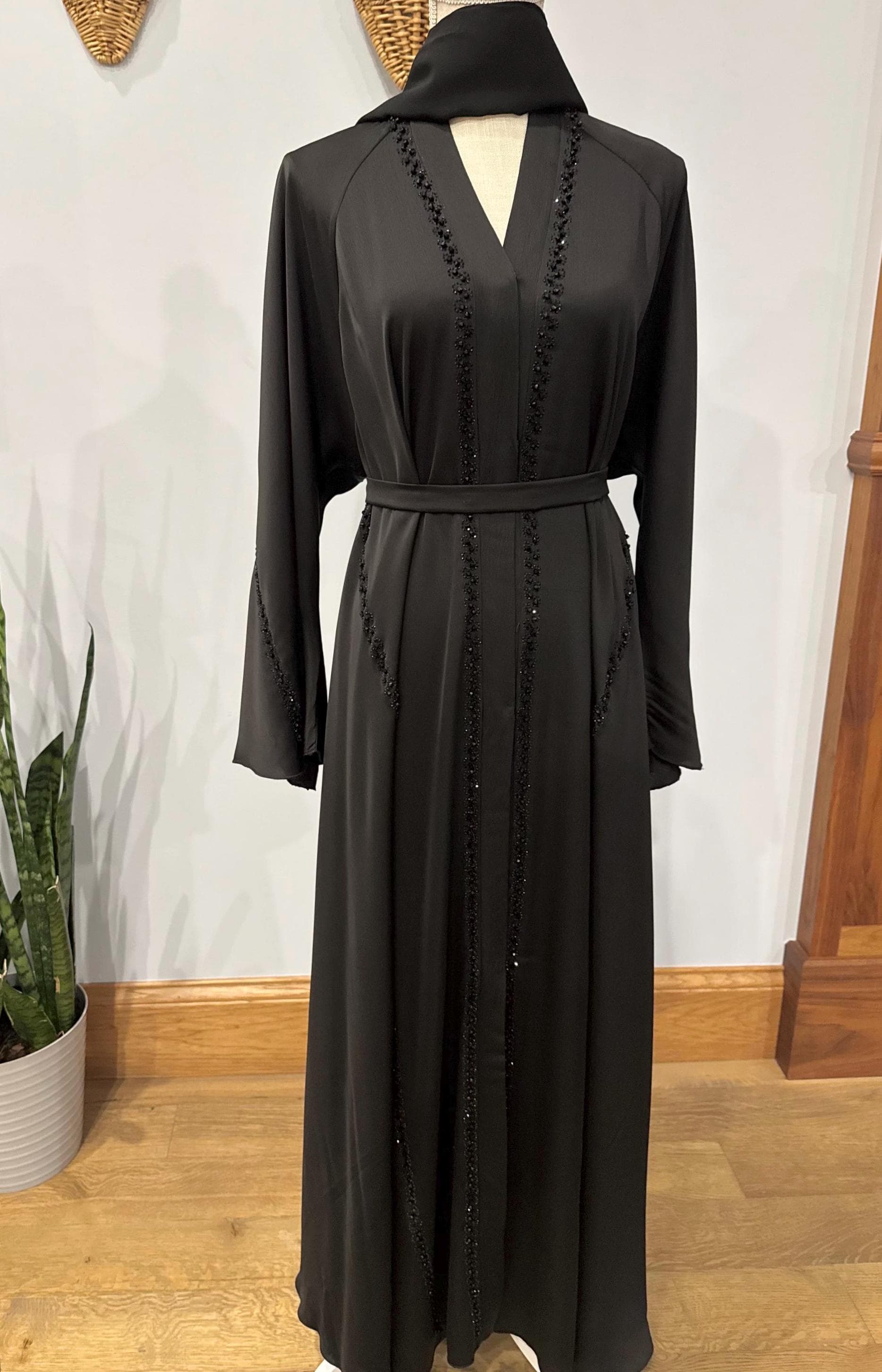 Black Beaded Spiral Abaya with Belt & Headscarf