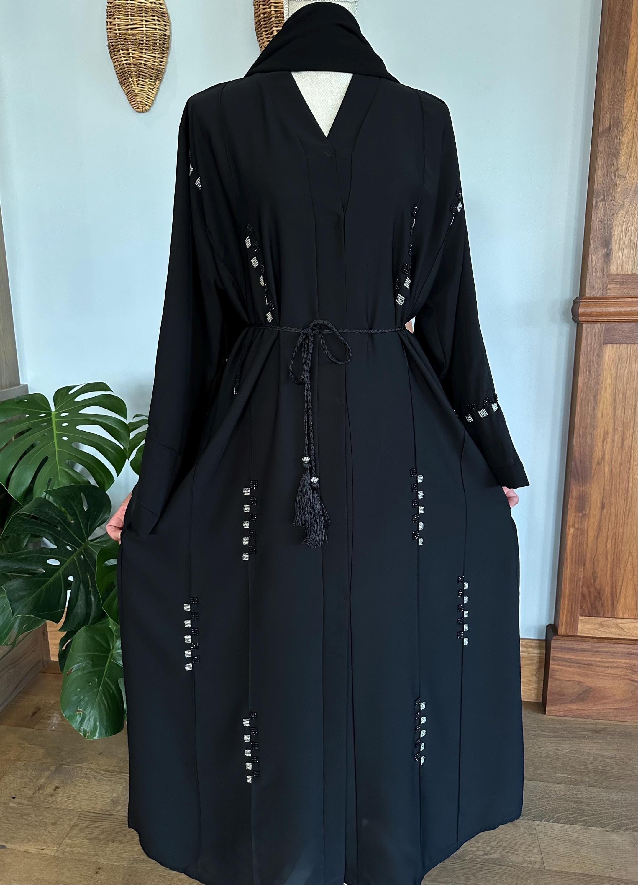 Black Embellished Abaya with Braided Belt & Headscarf - image 5