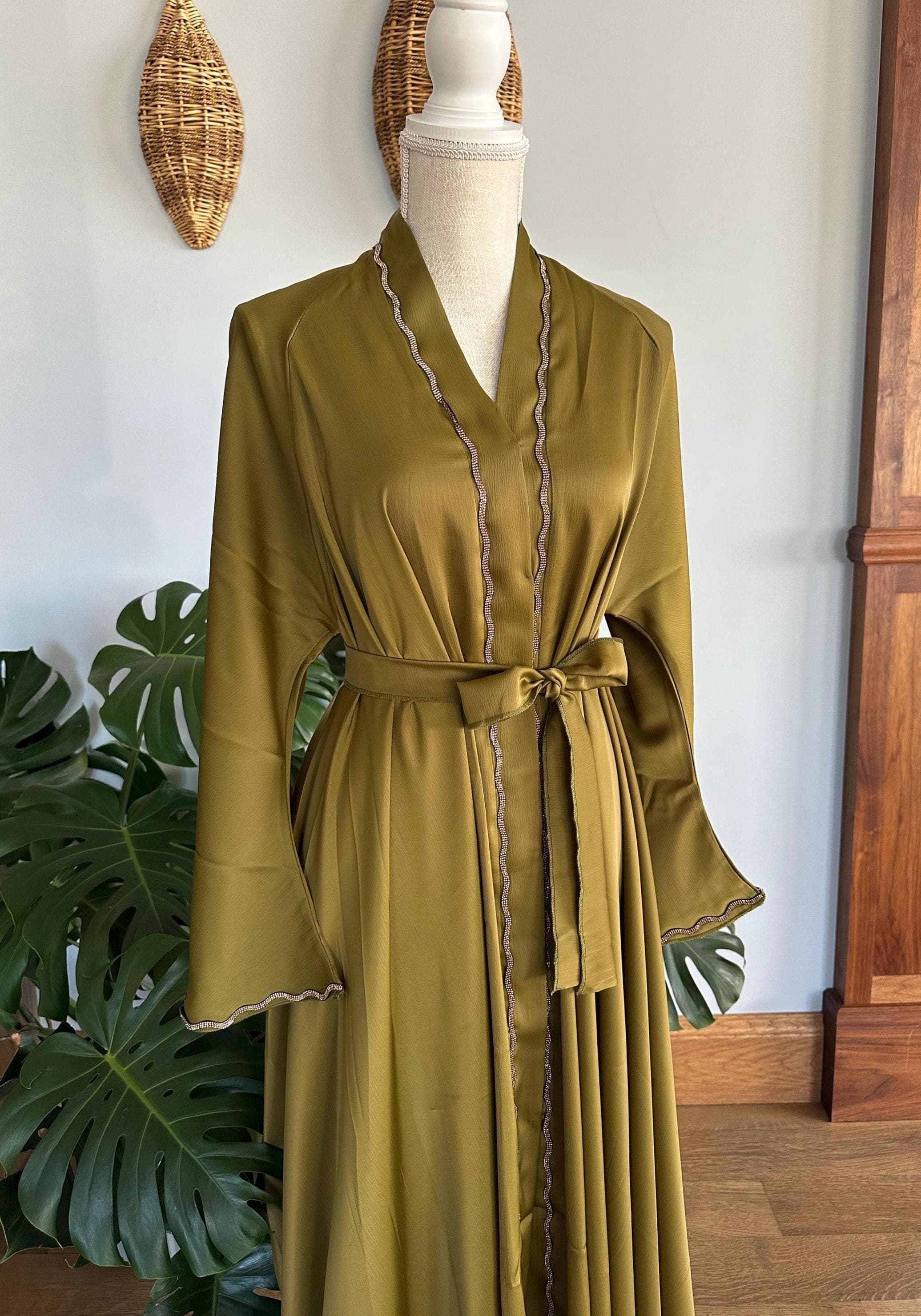 Olive Green Abaya with Gold Detail, Modest Dubai Style, Matching Headscarf & Belt