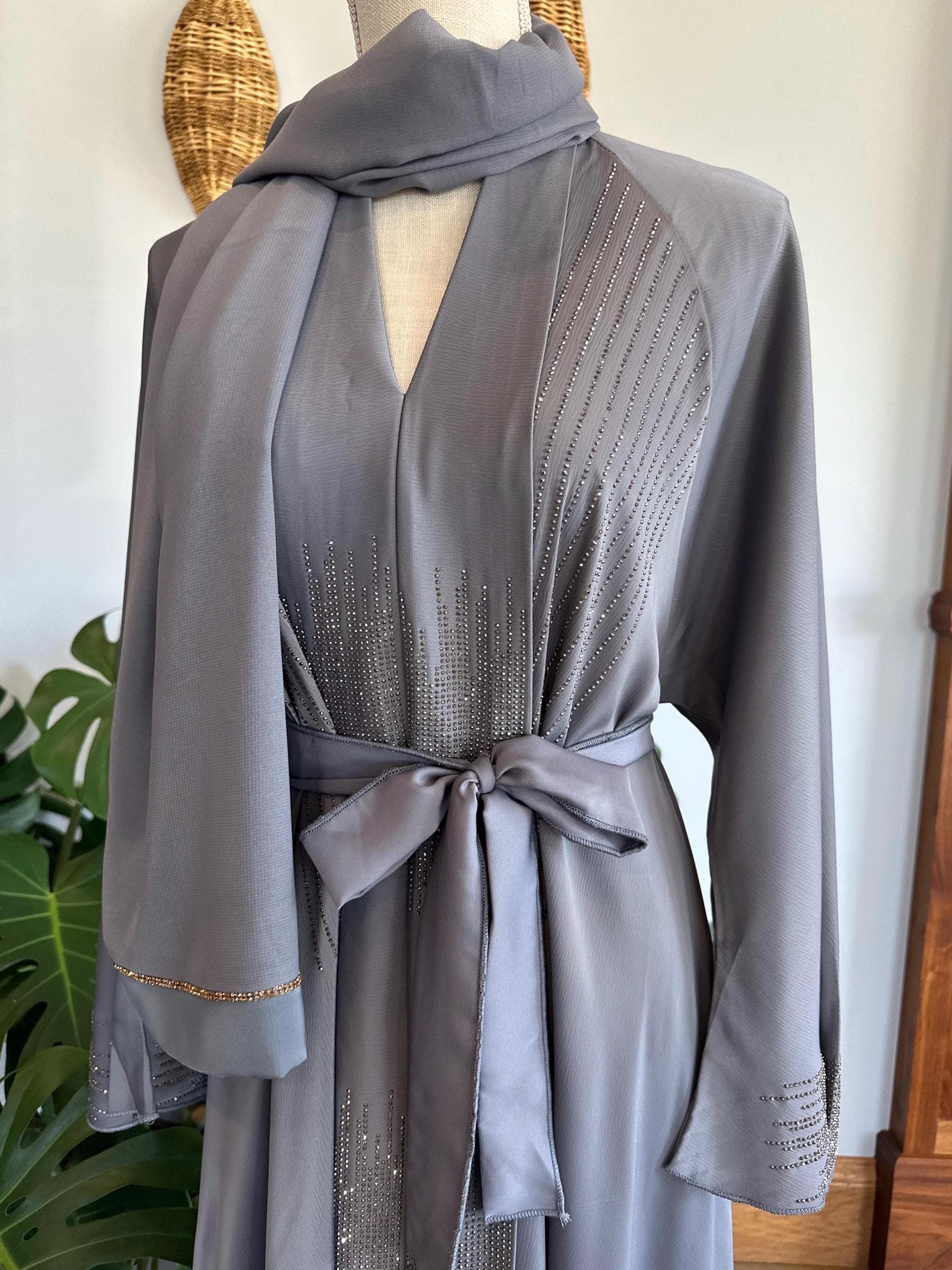 Grey Dubai Abaya with Matching Belt & Headscarf - Modest Women's Dress - image 3