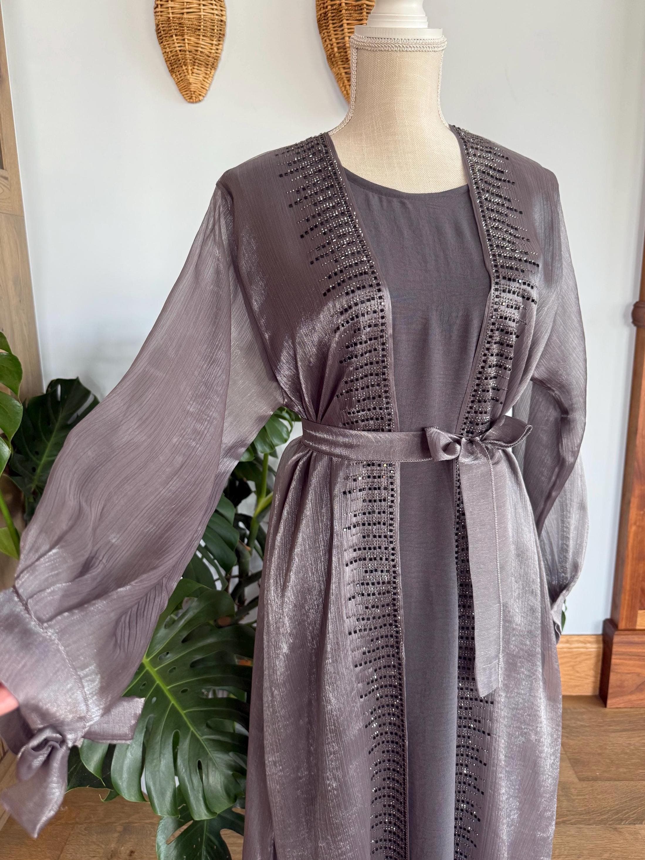 Gray Embellished Abaya, Women's Dubai Dress with Headscarf & Belt - image 3