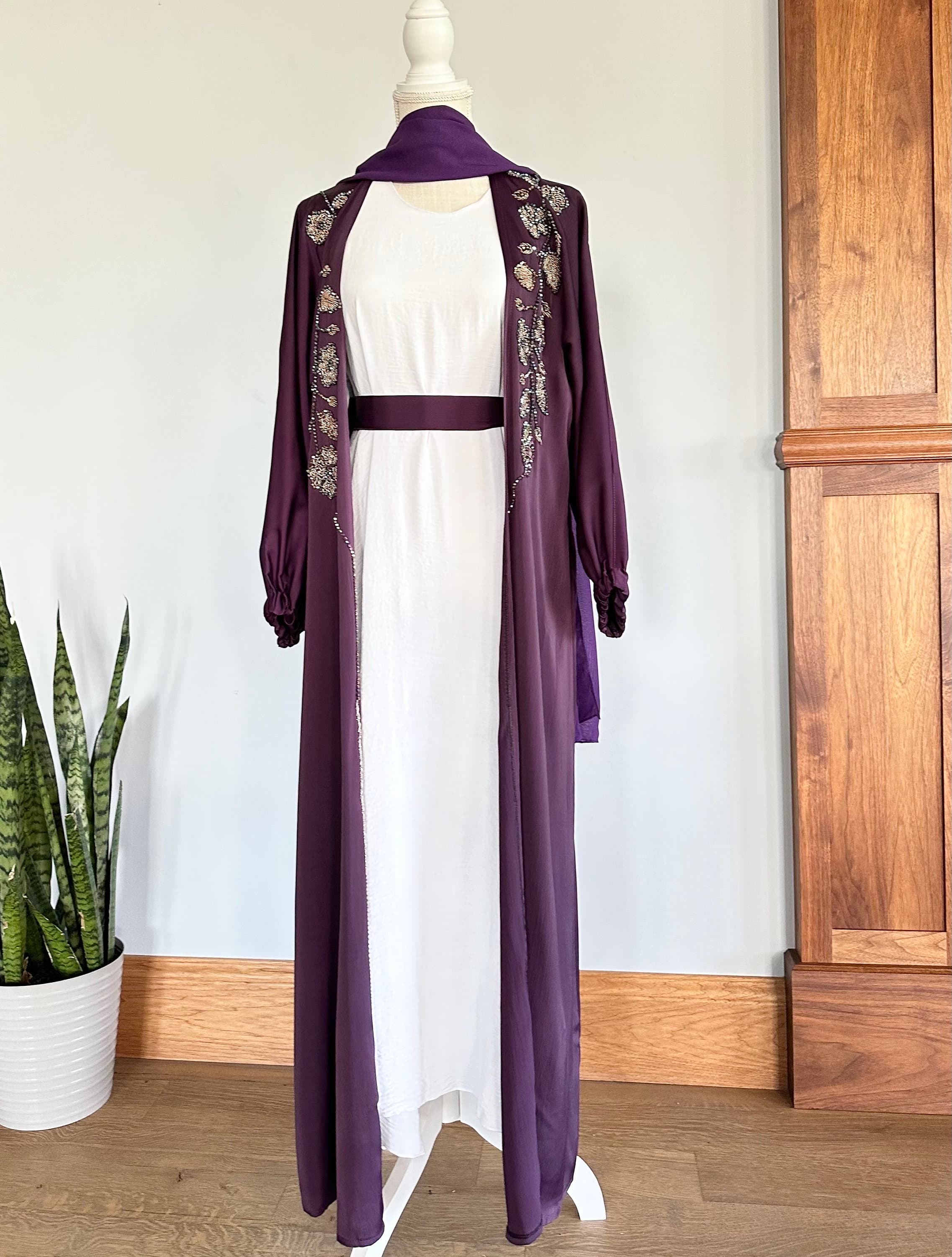 Purple Embellished Abaya with Belt & Headscarf