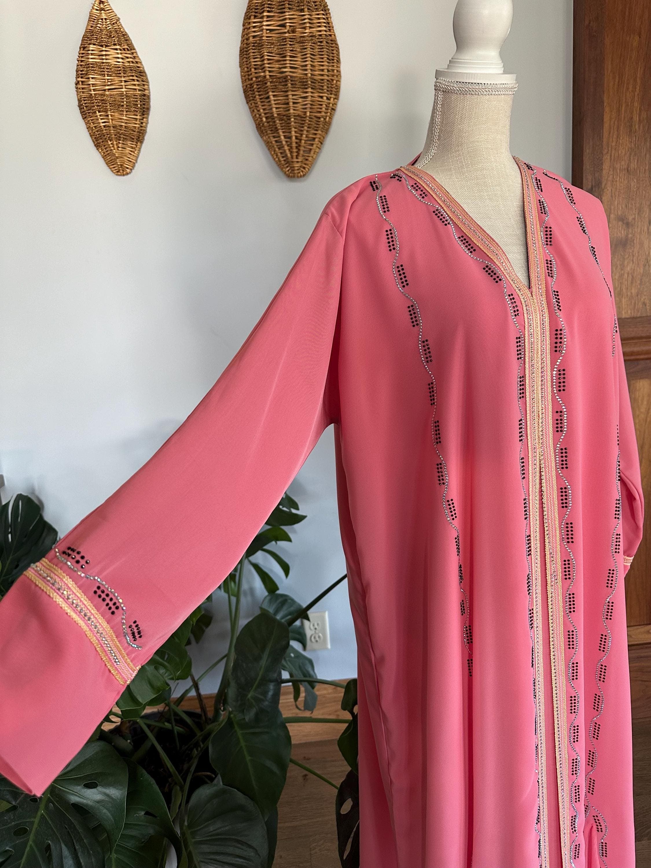 Coral Pink Abaya with Braided Belt & Headscarf - image 5