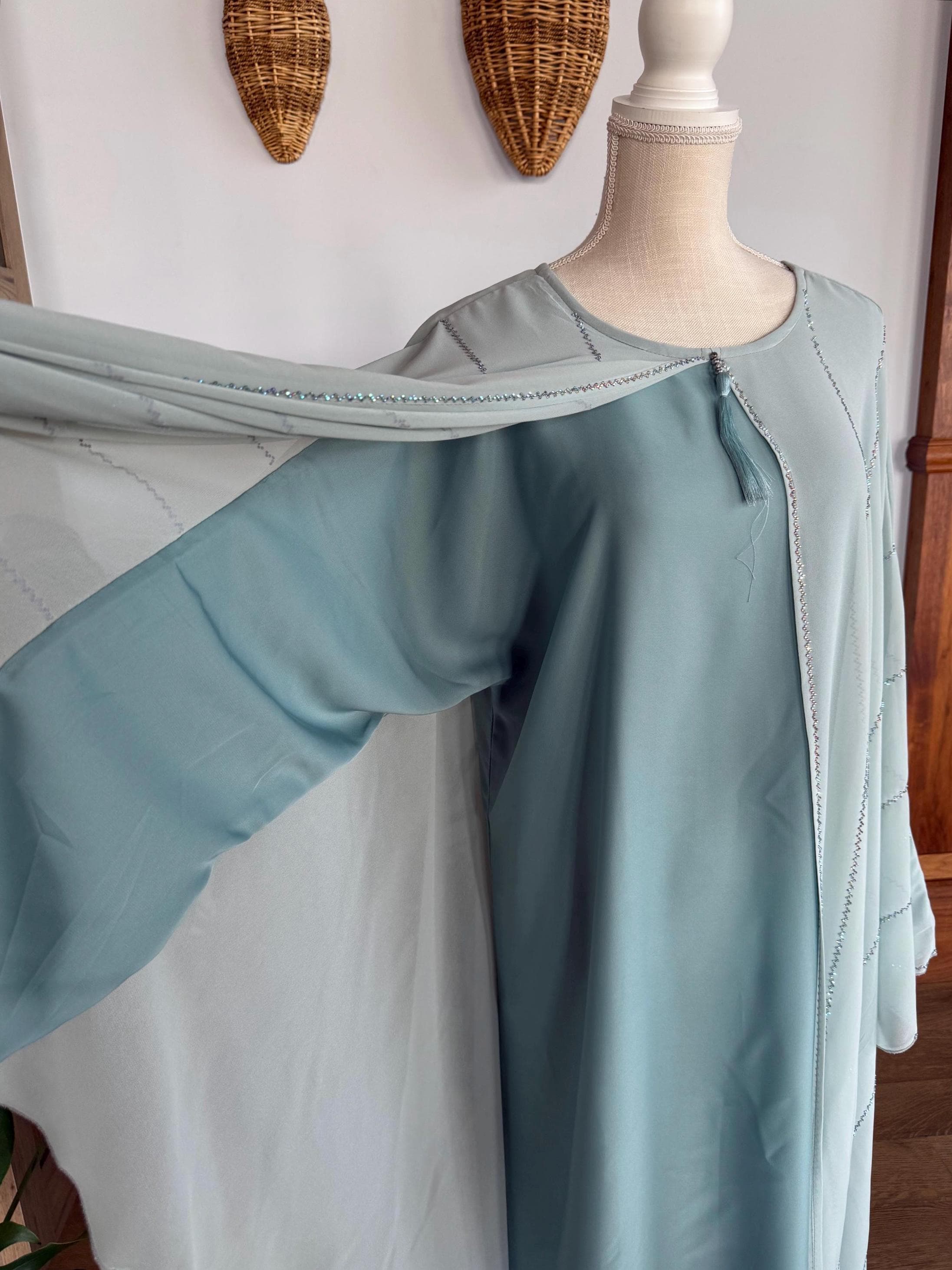 Light Blue Bedazzled Abaya with Headscarf - image 5