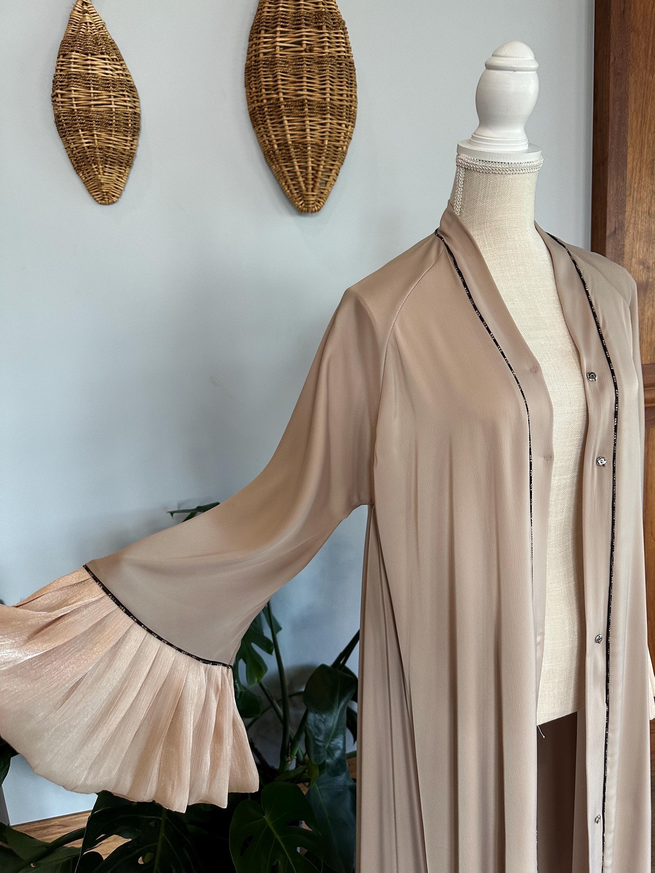 Beige Abaya with Black Detail, Matching Belt & Headscarf - image 4
