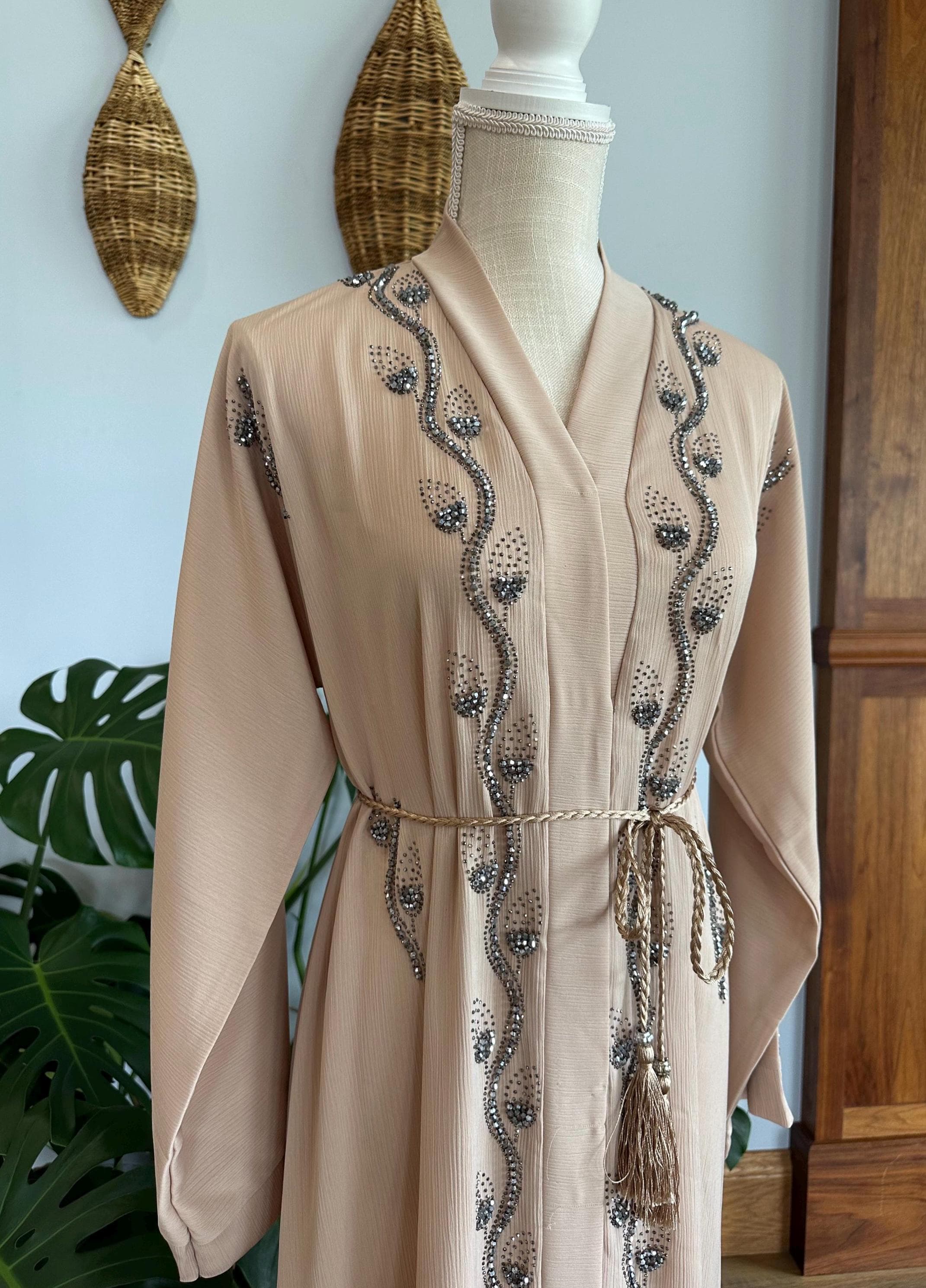 Cream Beige Silver Beaded Abaya - Elegant Dubai Modest Dress - image 3