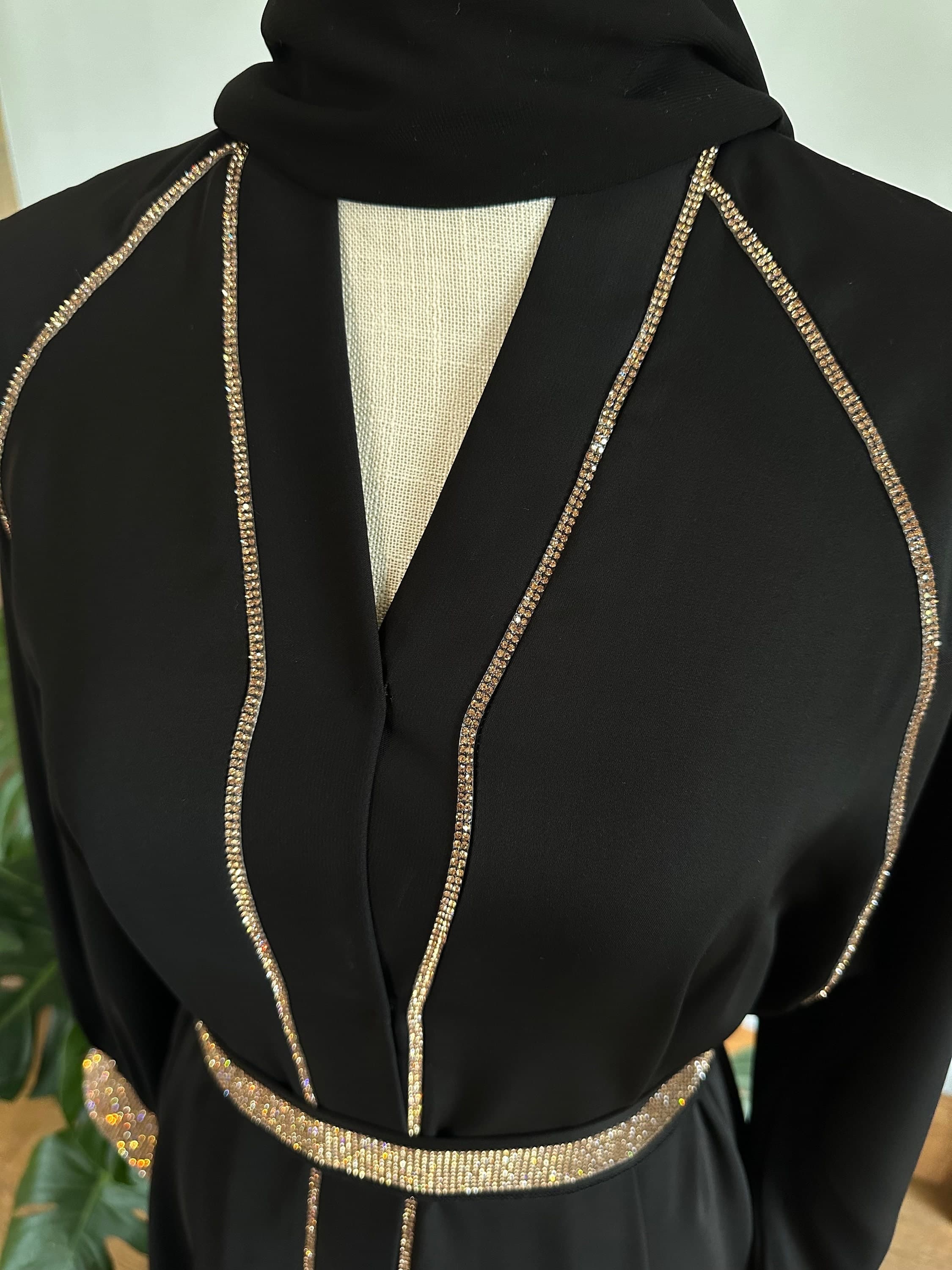 Evening Black Abaya: Gold Embellished Dubai Dress with Belt & Headscarf - image 5