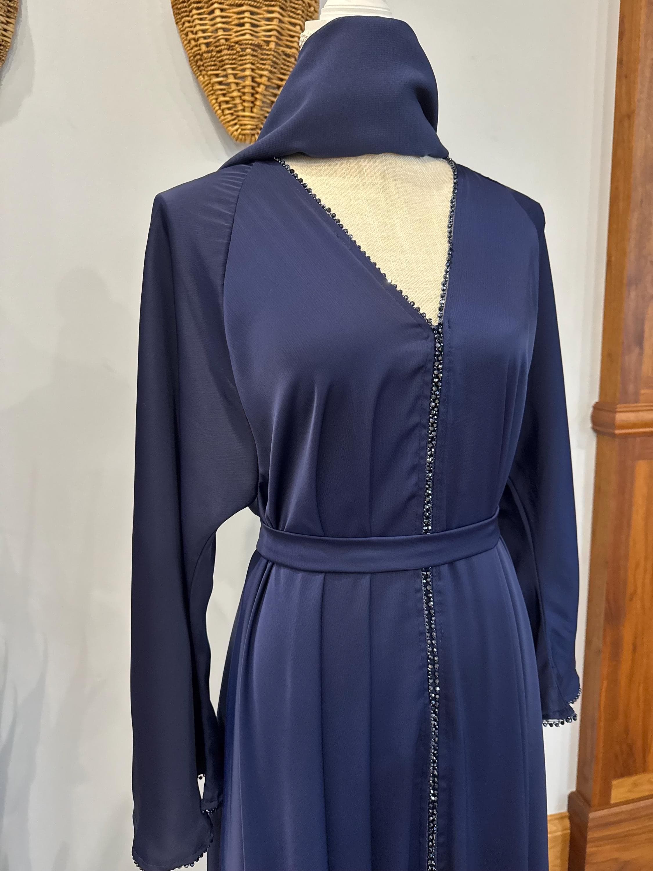 Navy Blue Elegant Abaya with Matching Belt & Headscarf