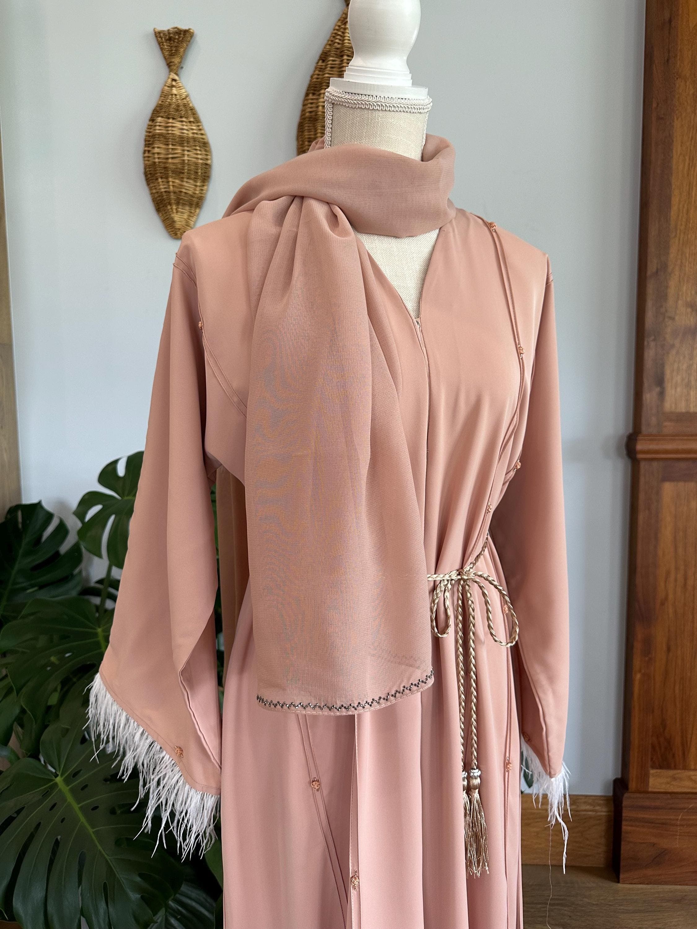 Pink Feathered Abaya, Braided Belt & Headscarf Set
