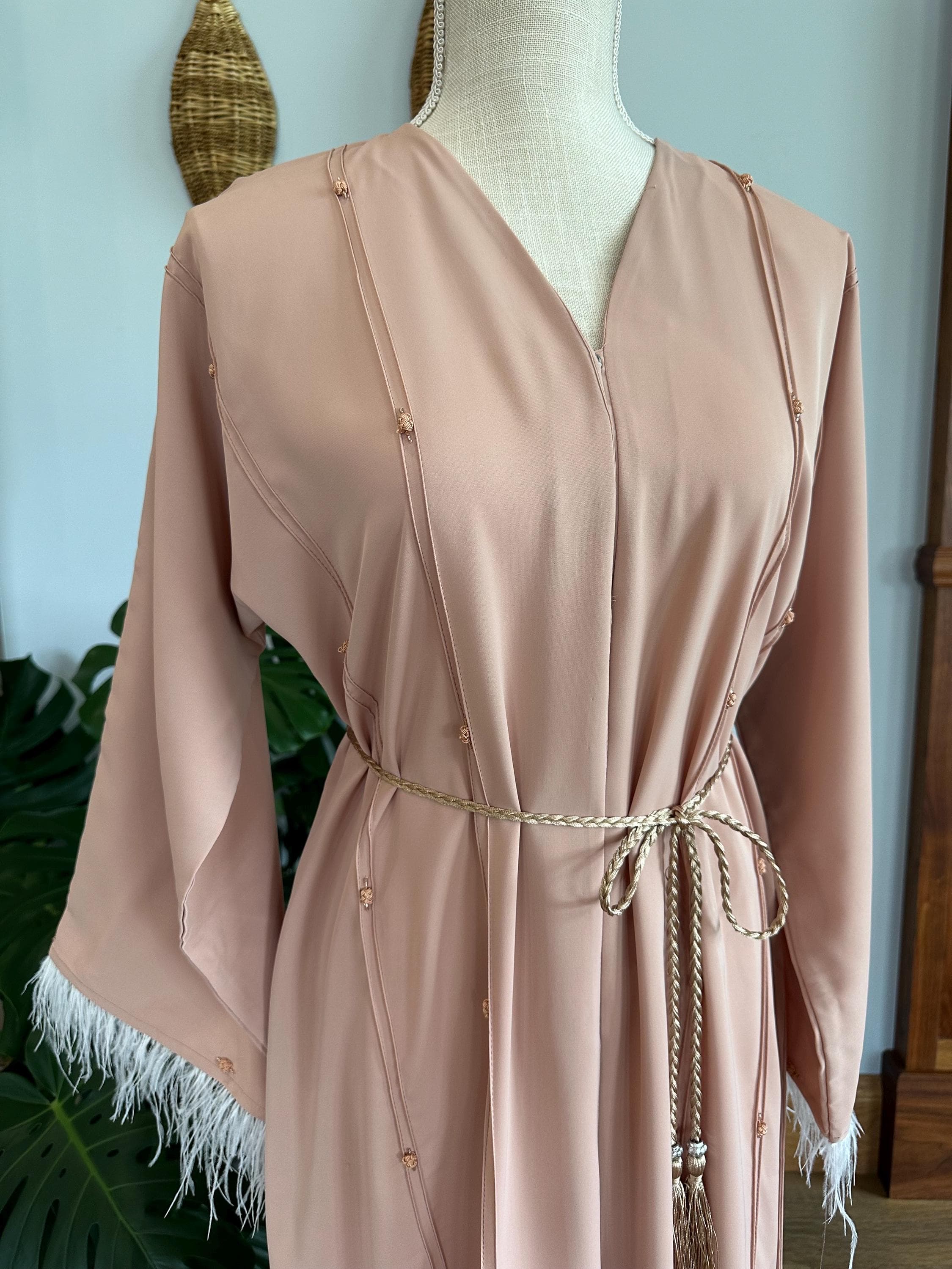 Pink Feathered Abaya, Braided Belt & Headscarf Set - image 5