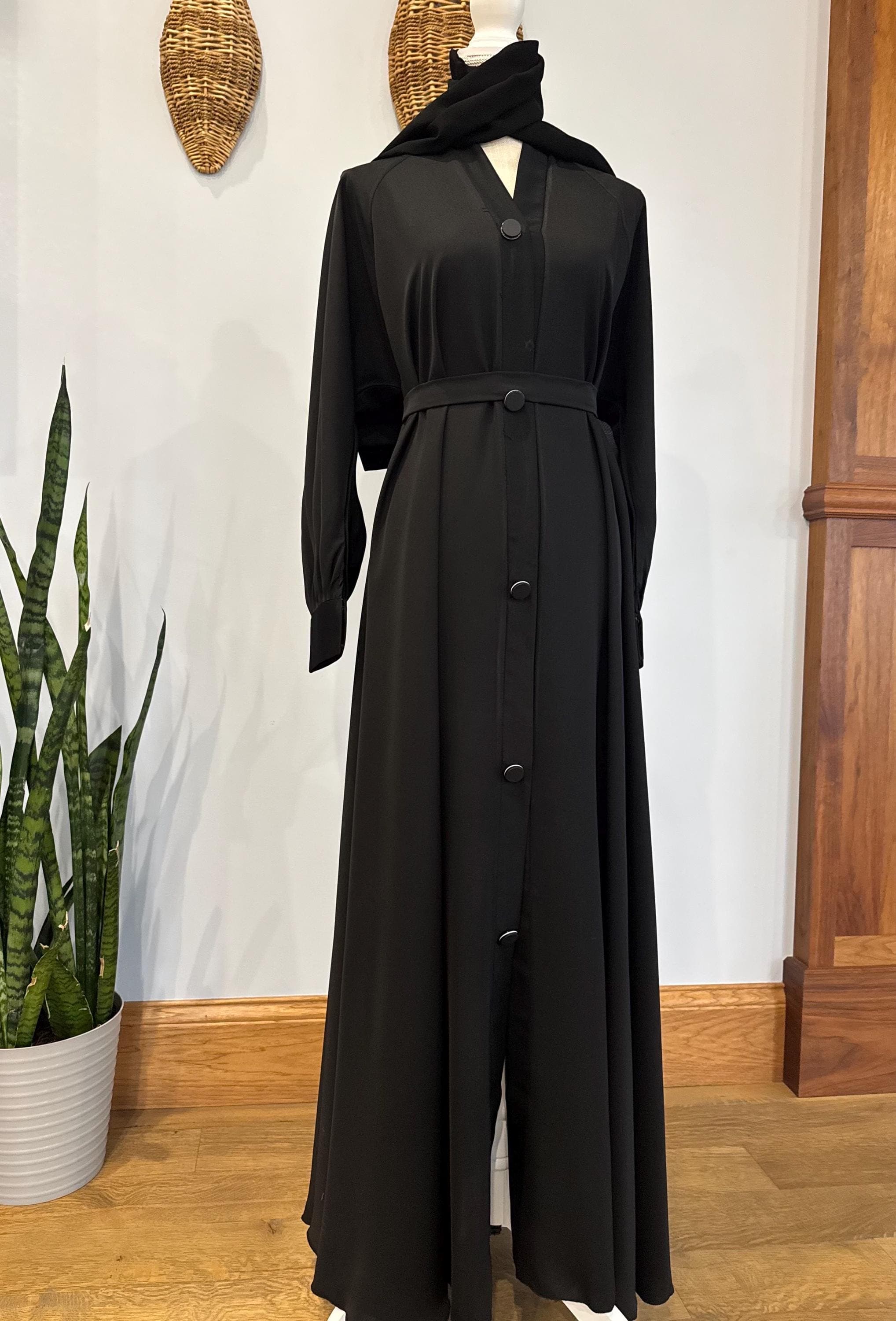 Black Buttoned Abaya with Belt & Headscarf: Modest Dubai Style - image 5