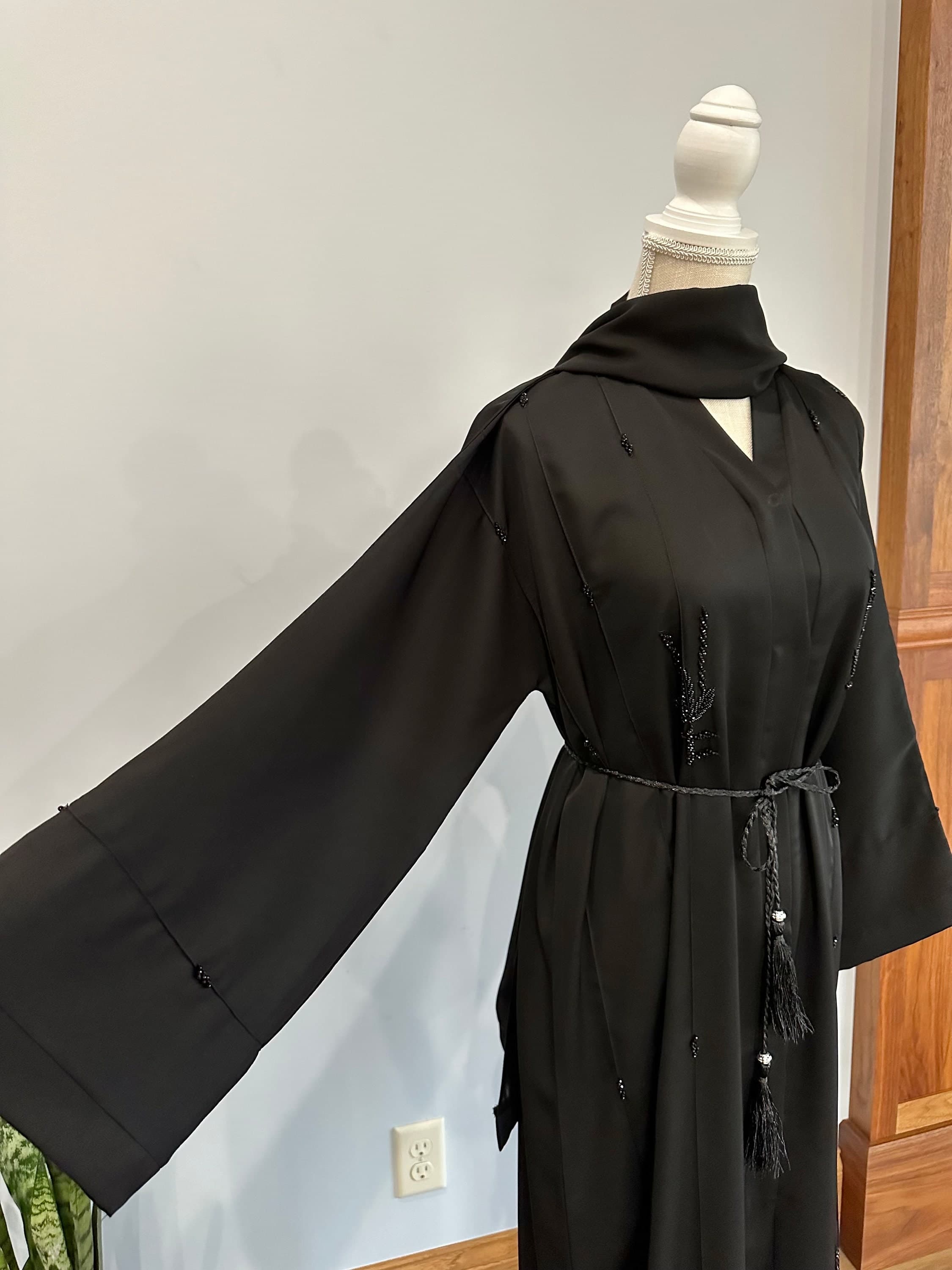 Black Embellished Abaya with Belt & Headscarf - image 4