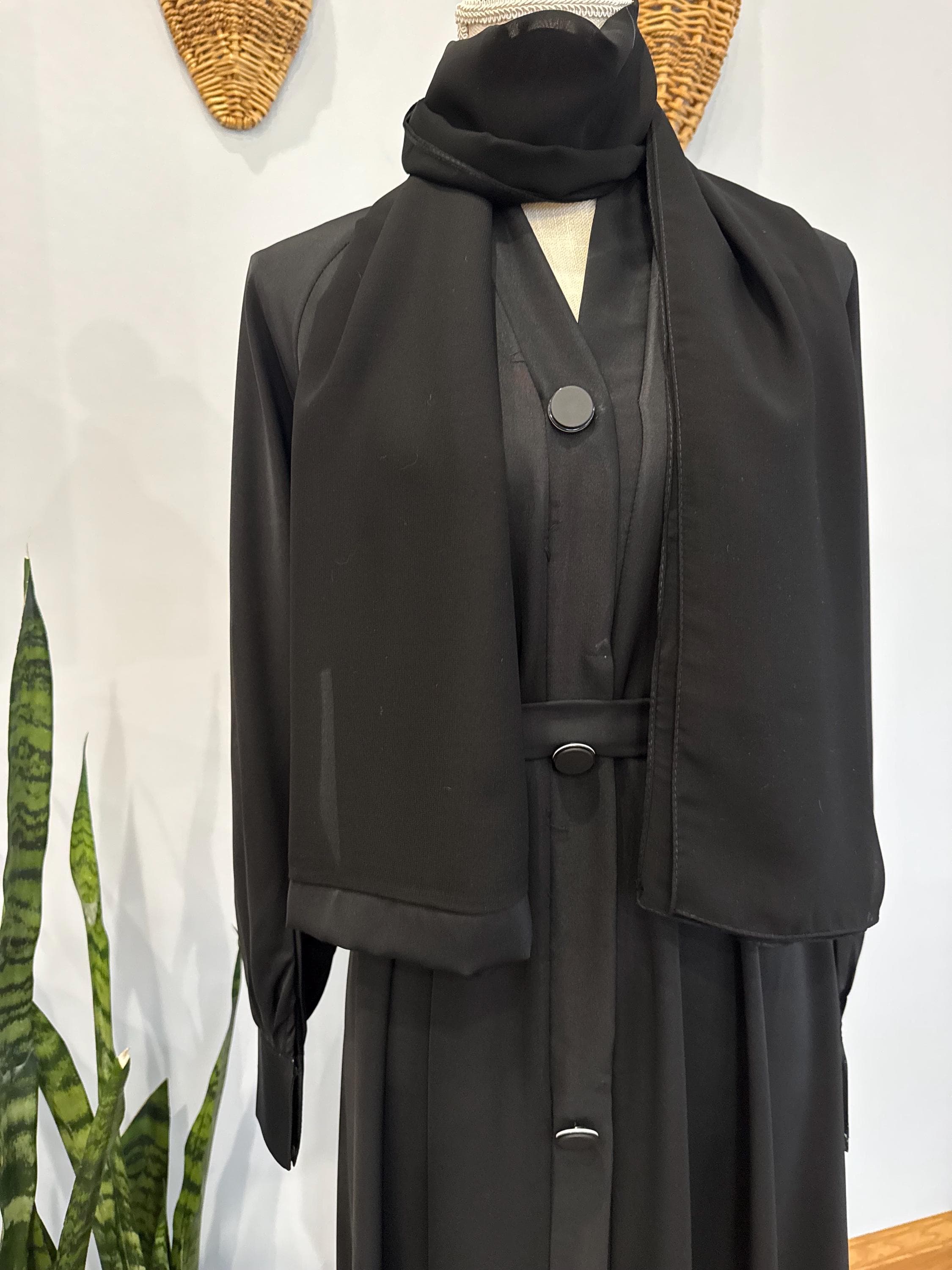 Black Buttoned Abaya with Belt & Headscarf: Modest Dubai Style - image 3