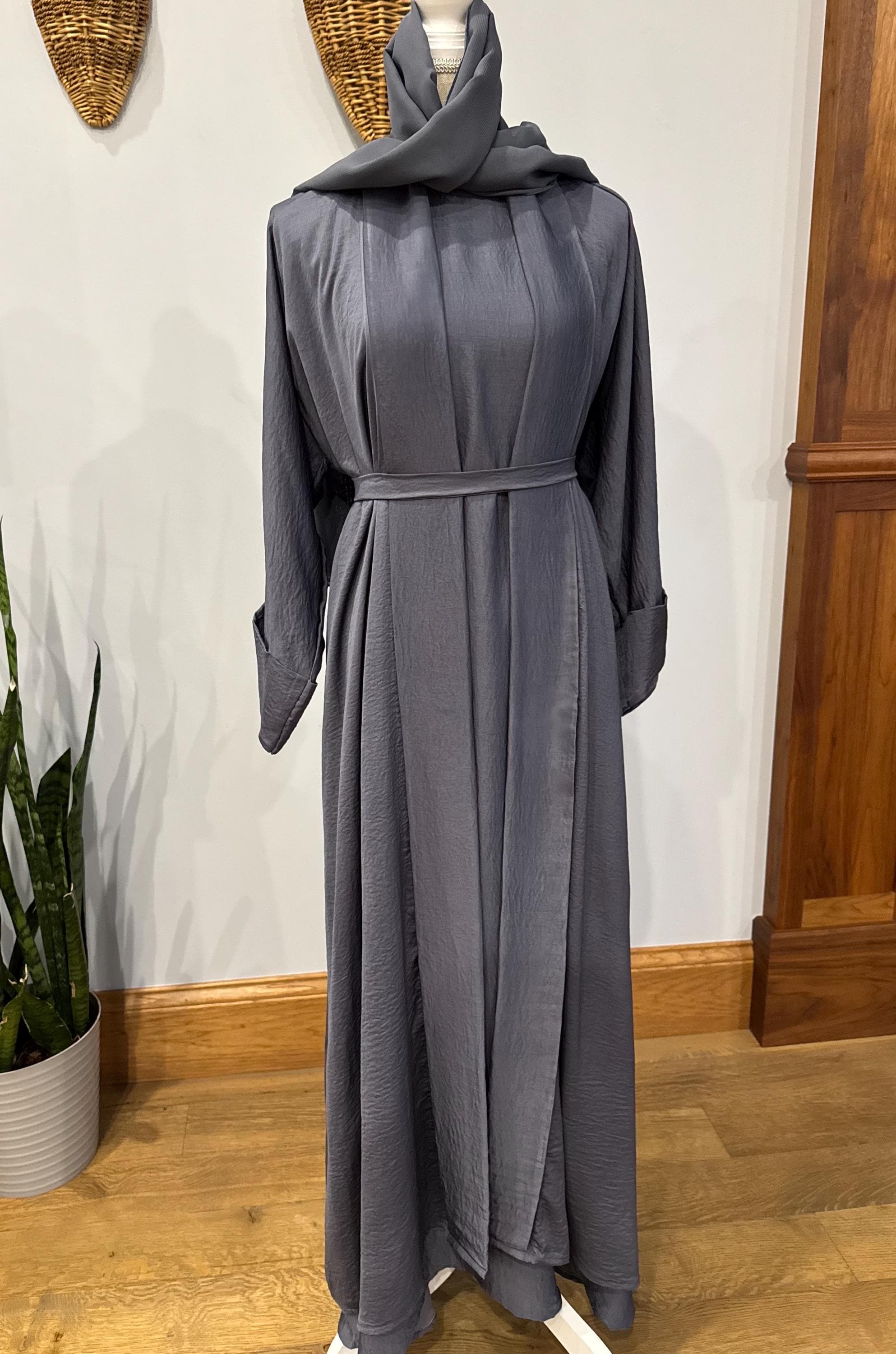 Plain Dubai Abaya Set: Women's Modest Dress with Headscarf & Belt - image 3