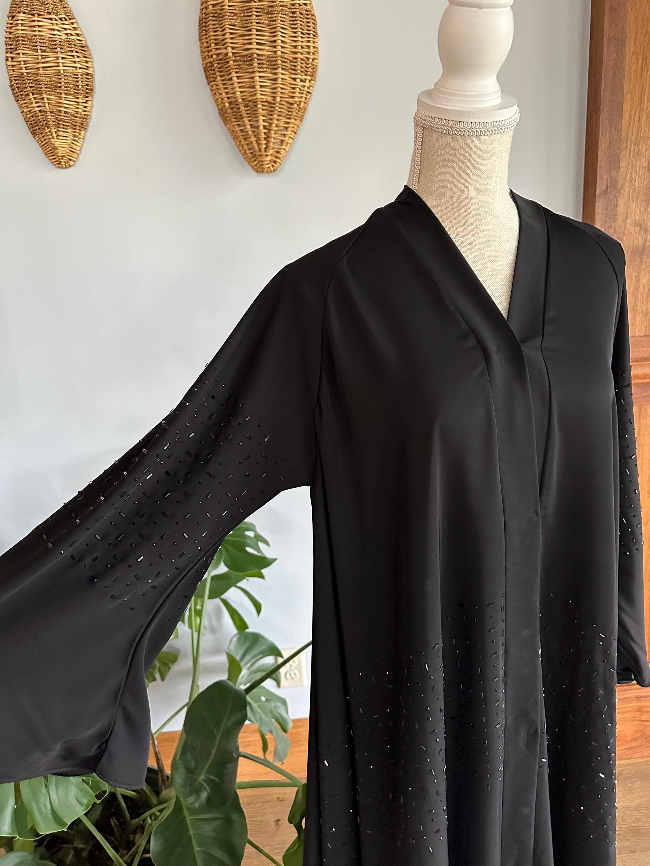 Black Beaded Dubai Abaya, Matching Belt & Headscarf - image 3
