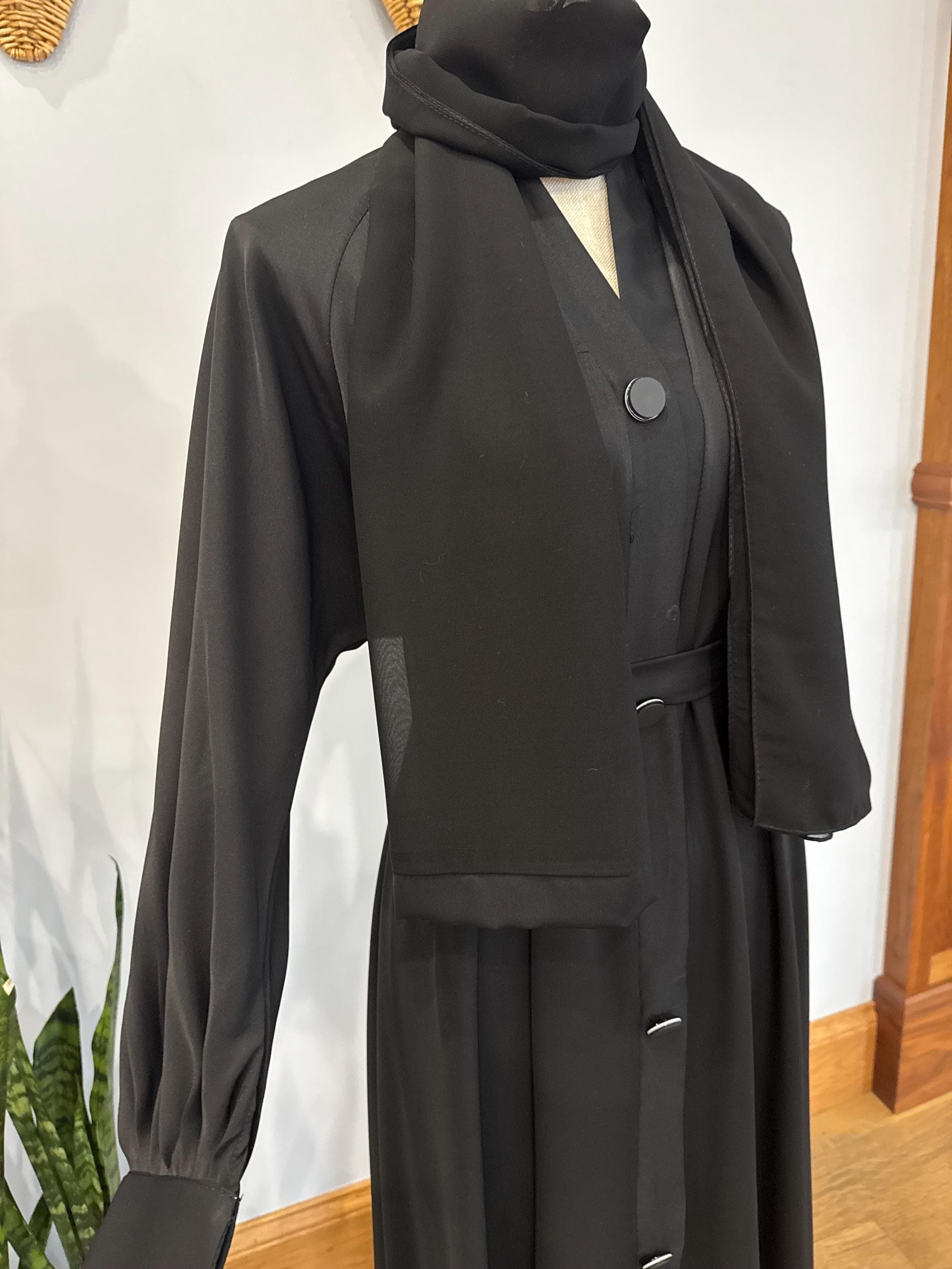 Black Buttoned Abaya with Belt & Headscarf: Modest Dubai Style