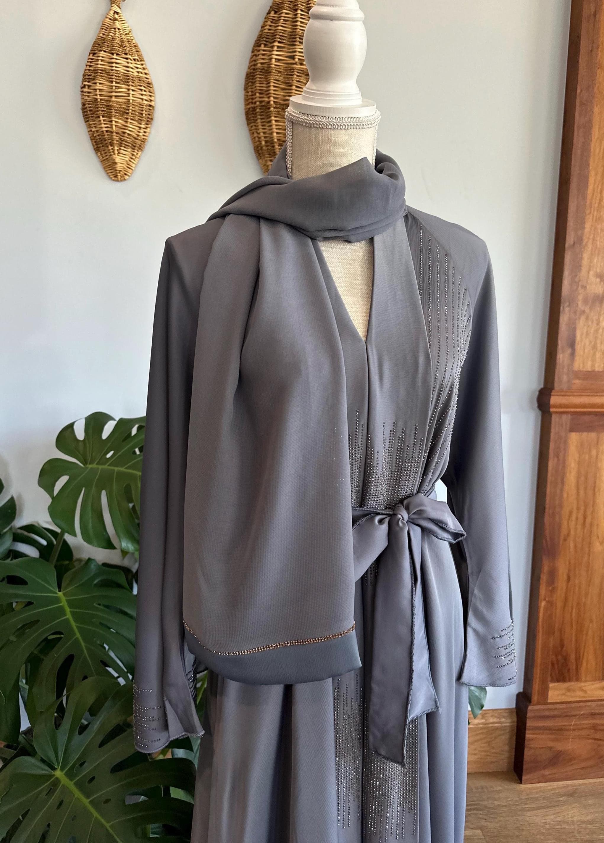 Grey Dubai Abaya with Matching Belt & Headscarf - Modest Women's Dress