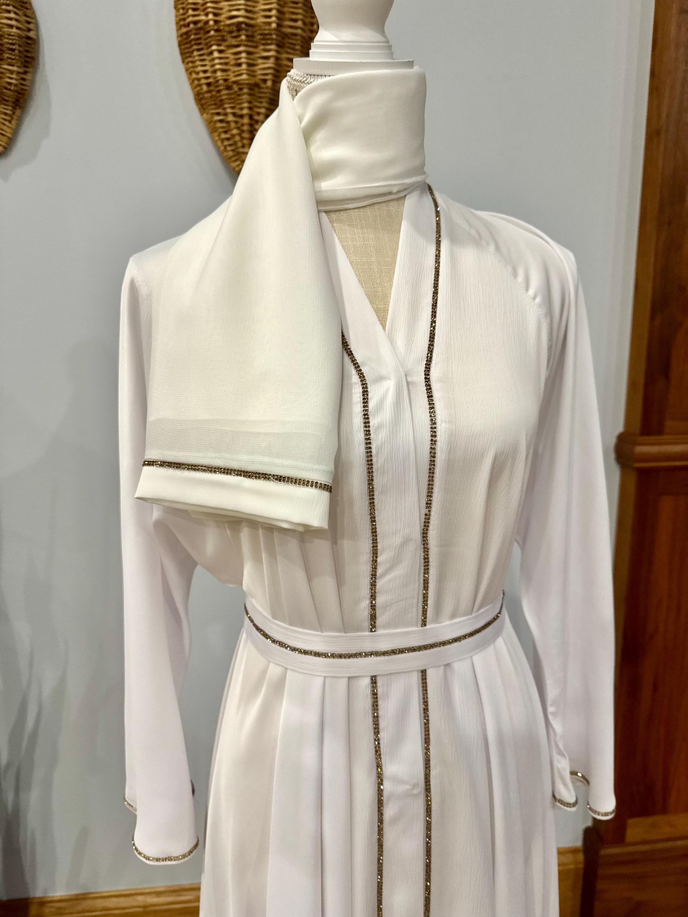 White Abaya with Gold Detail: Dubai Style Dress & Headscarf - image 5