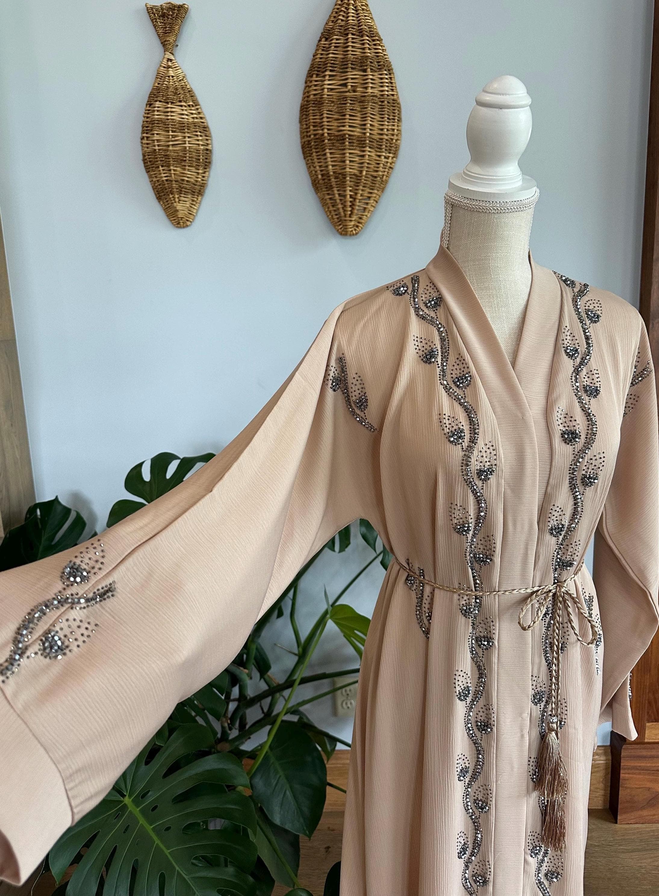 Cream Beige Silver Beaded Abaya - Elegant Dubai Modest Dress