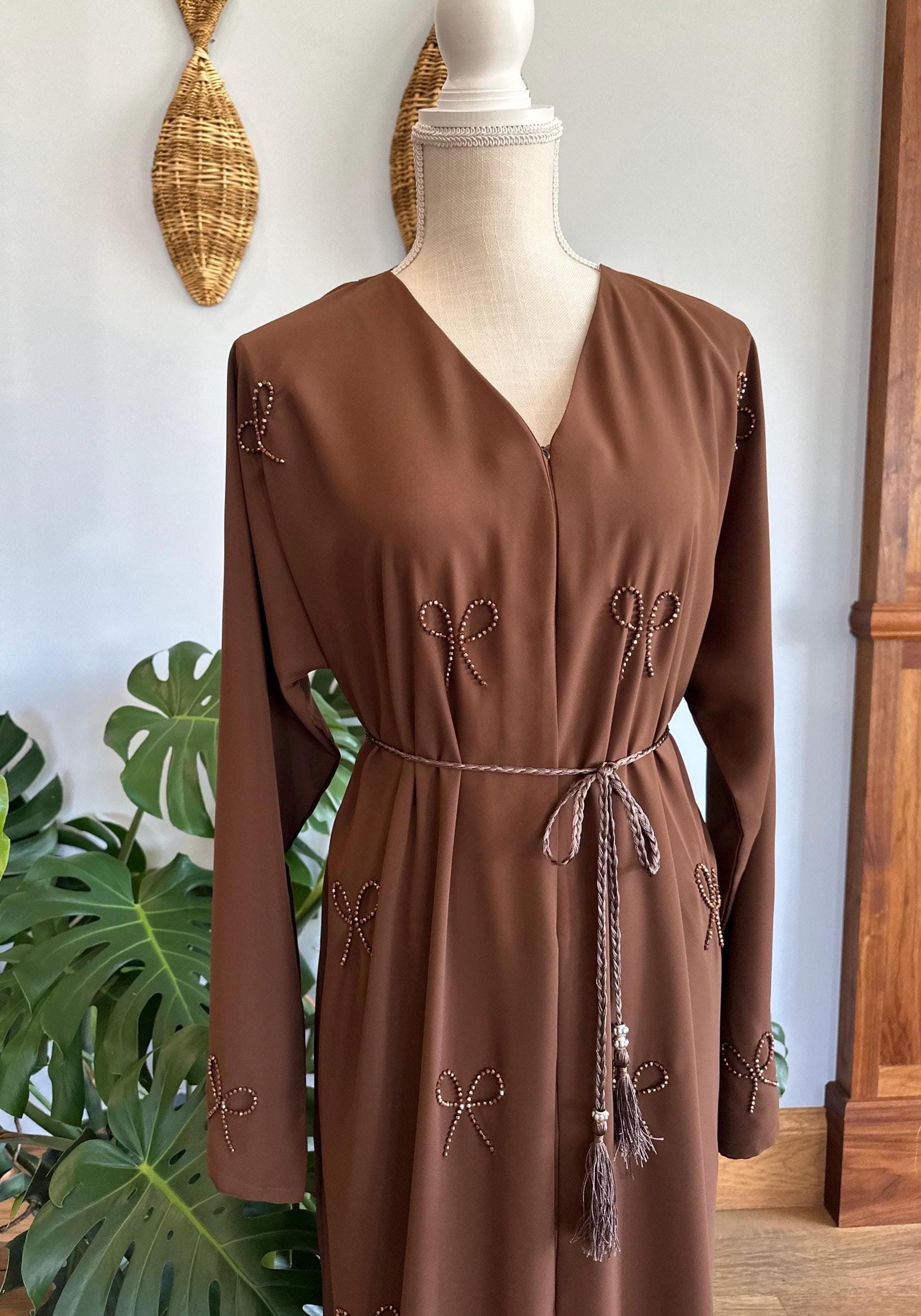 Brown Dubai Abaya with Bedazzled Bows, Women's Modest Dress