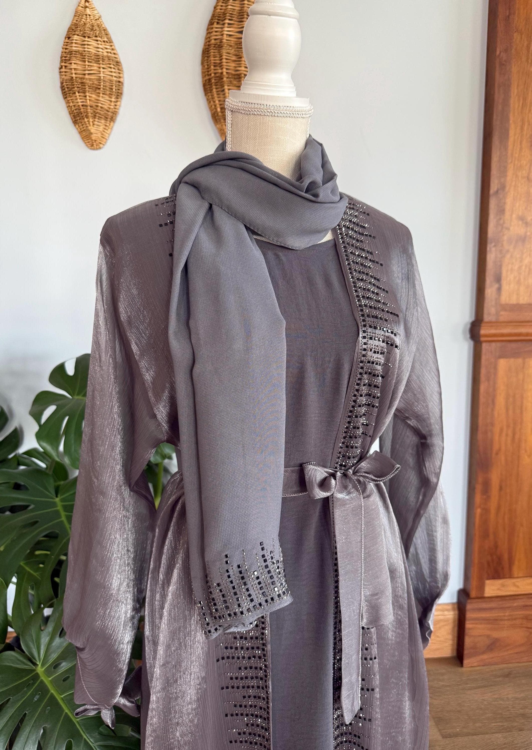 Gray Embellished Abaya, Women's Dubai Dress with Headscarf & Belt