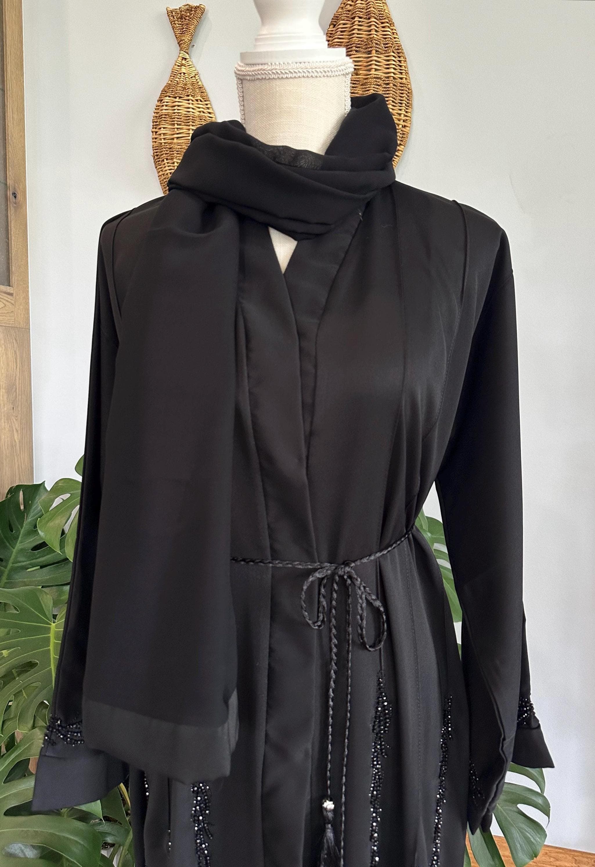 Black Bottom-Embellished Abaya with Belt & Headscarf - image 3