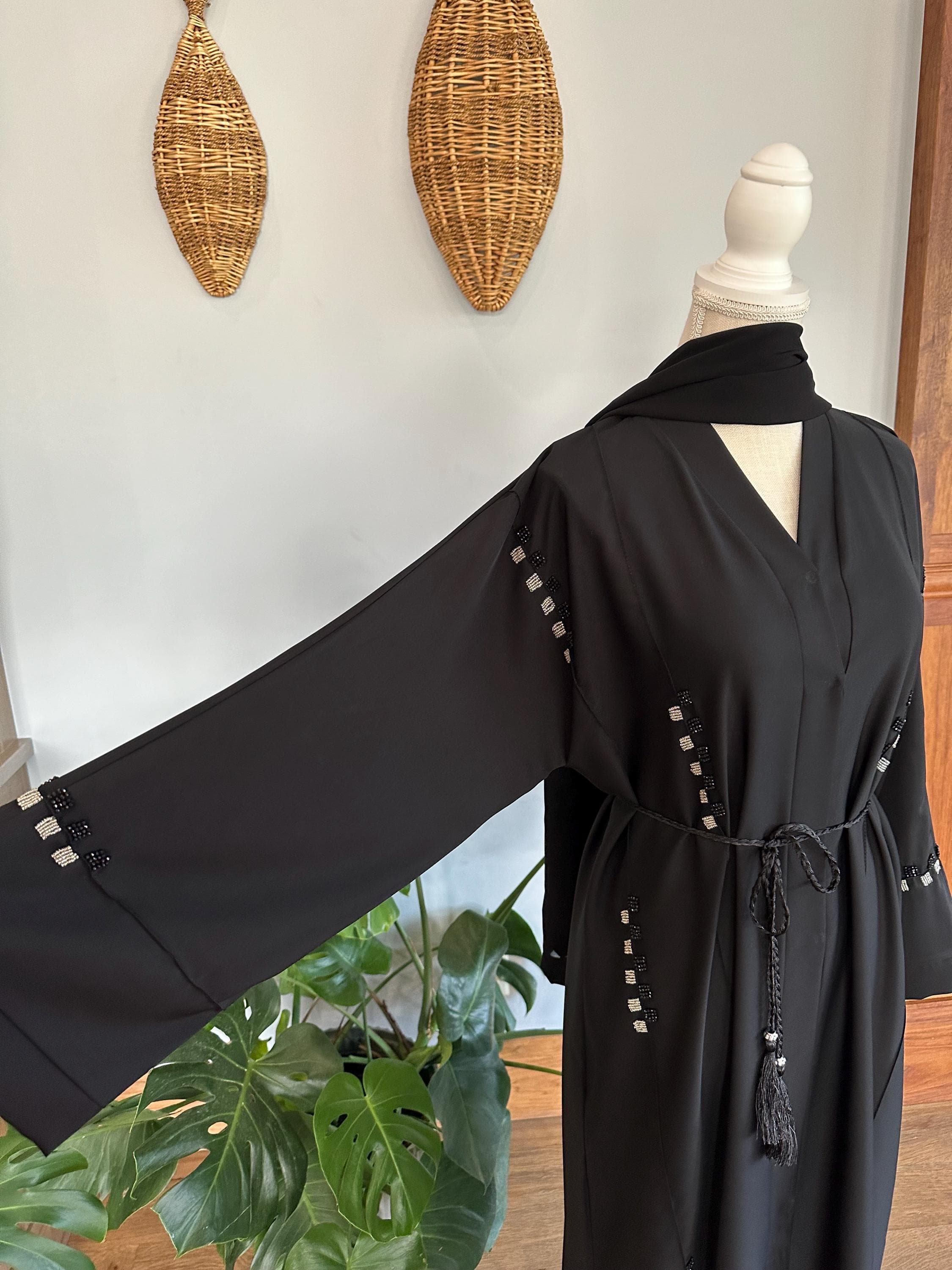 Black Embellished Abaya with Braided Belt & Headscarf - image 4