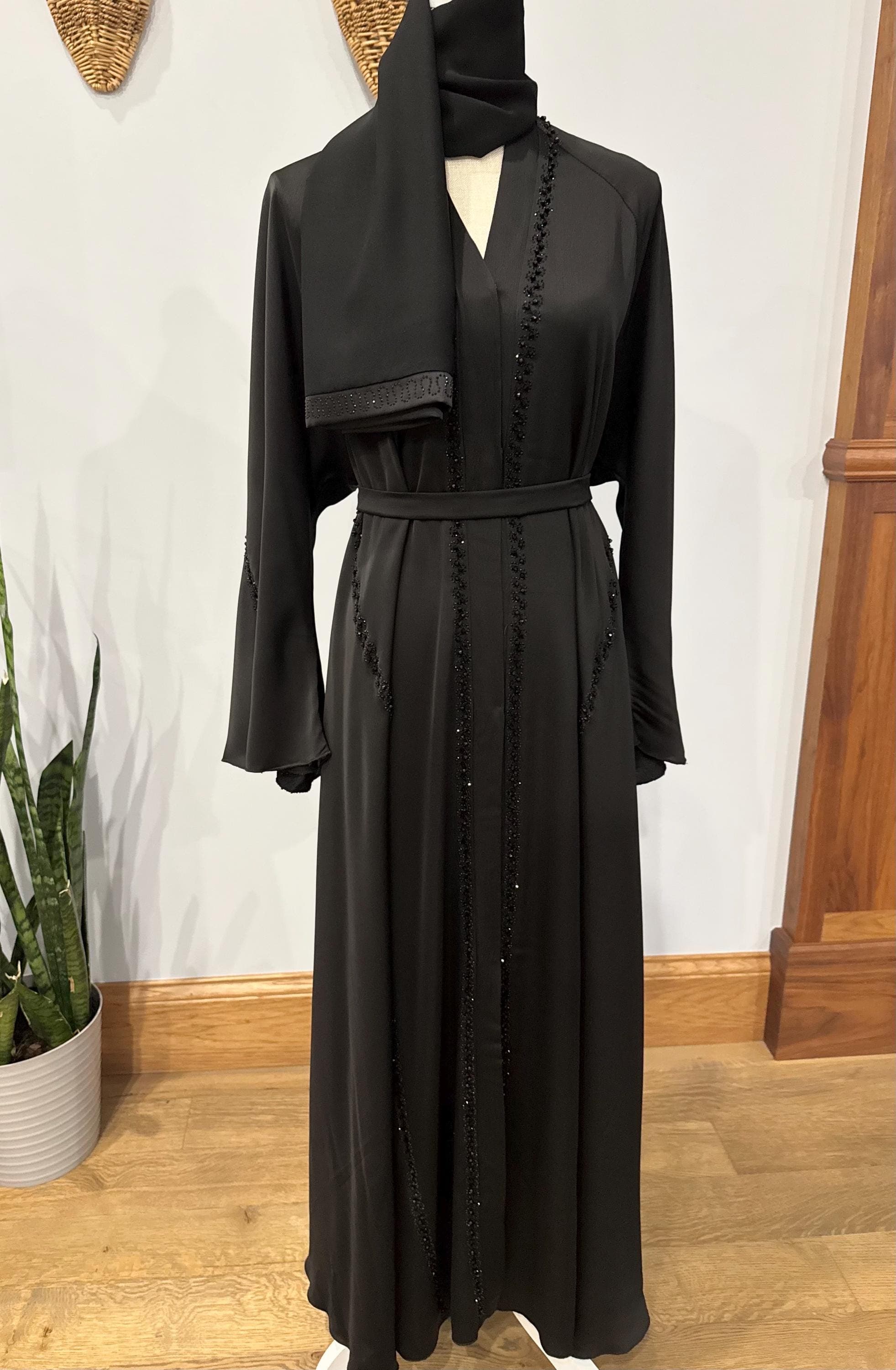 Black Beaded Spiral Abaya with Belt & Headscarf - image 4