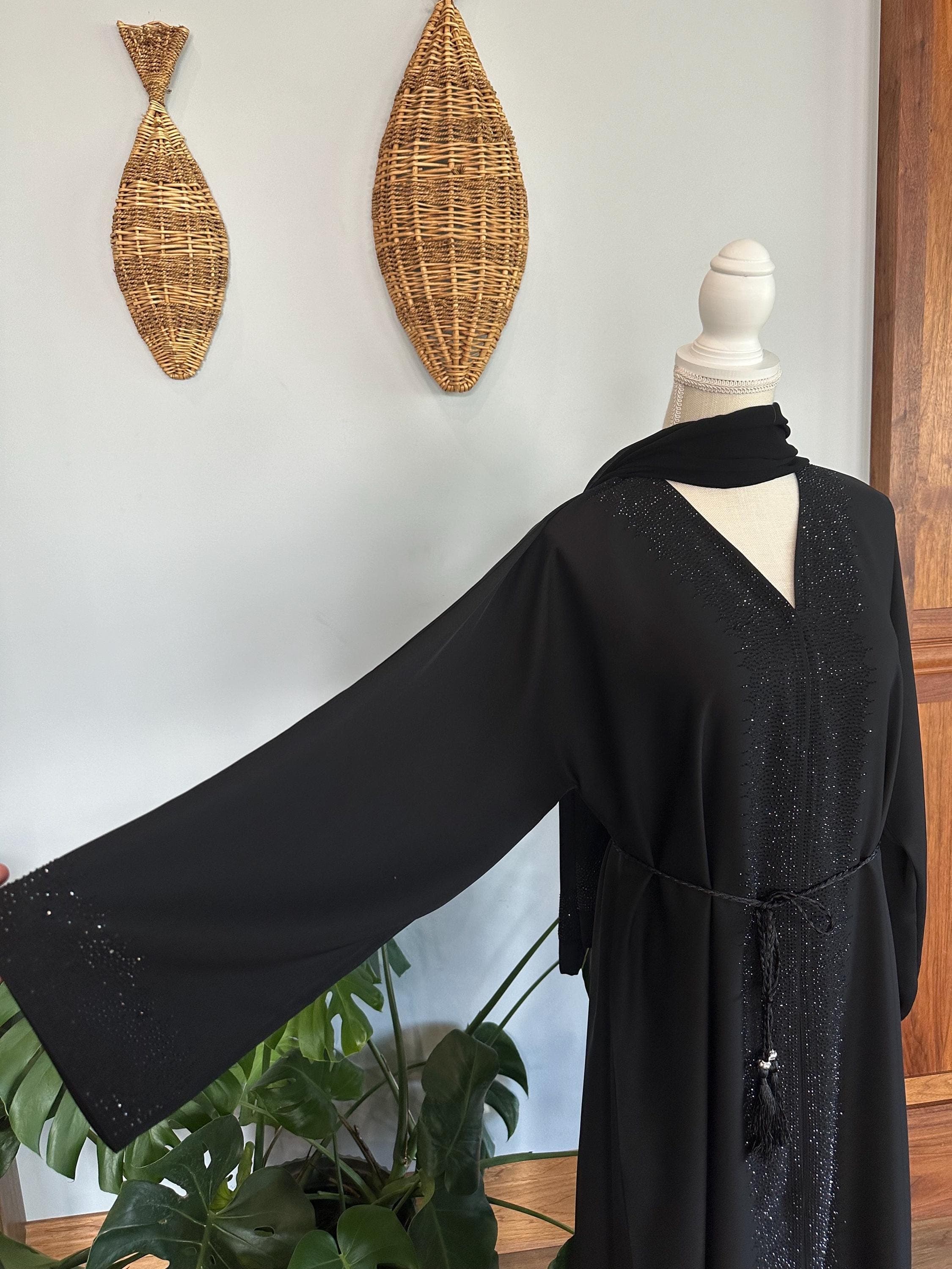 Black Bedazzled Dubai Abaya with Headscarf & Belt