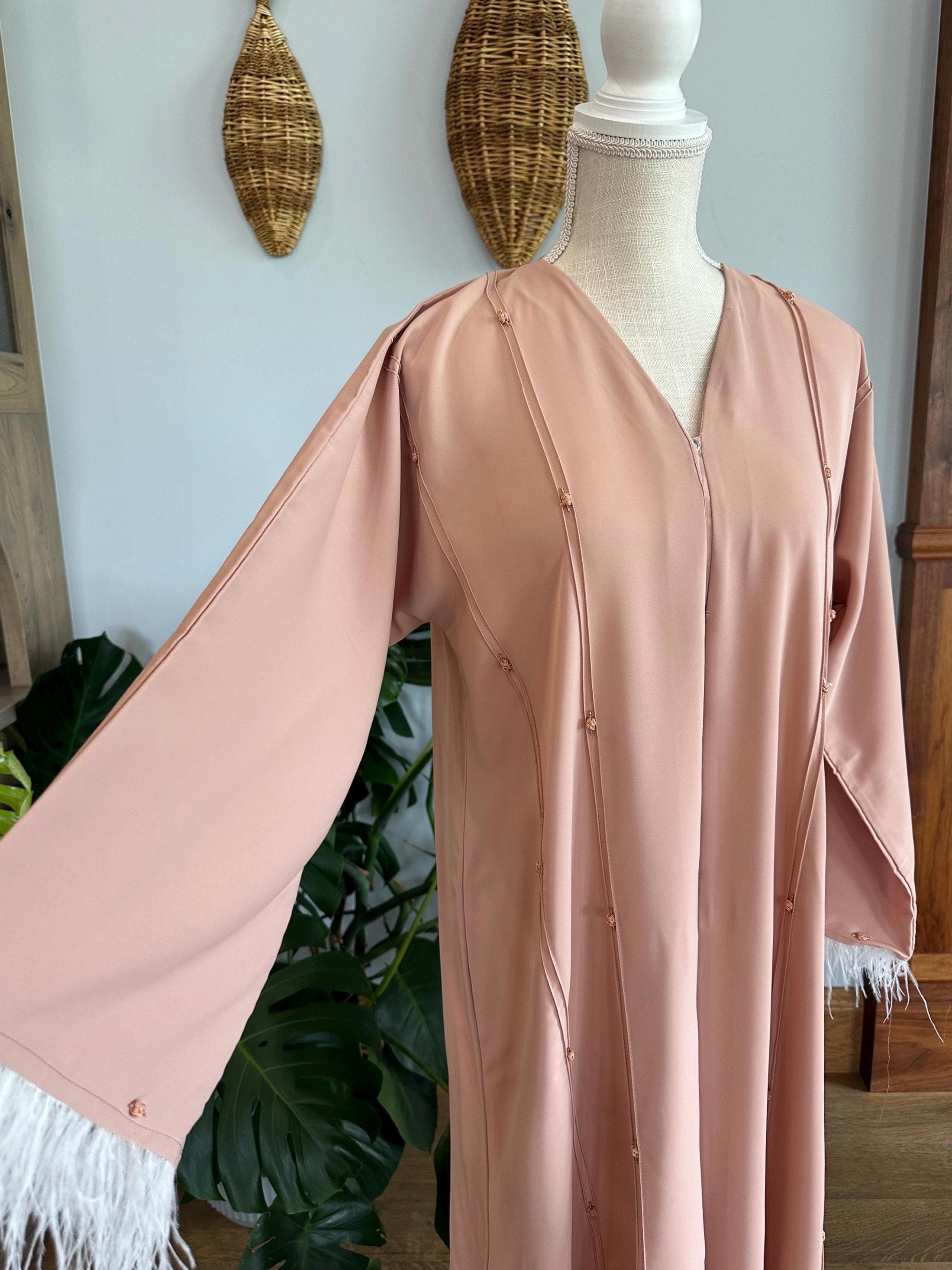 Pink Feathered Abaya, Braided Belt & Headscarf Set - image 4