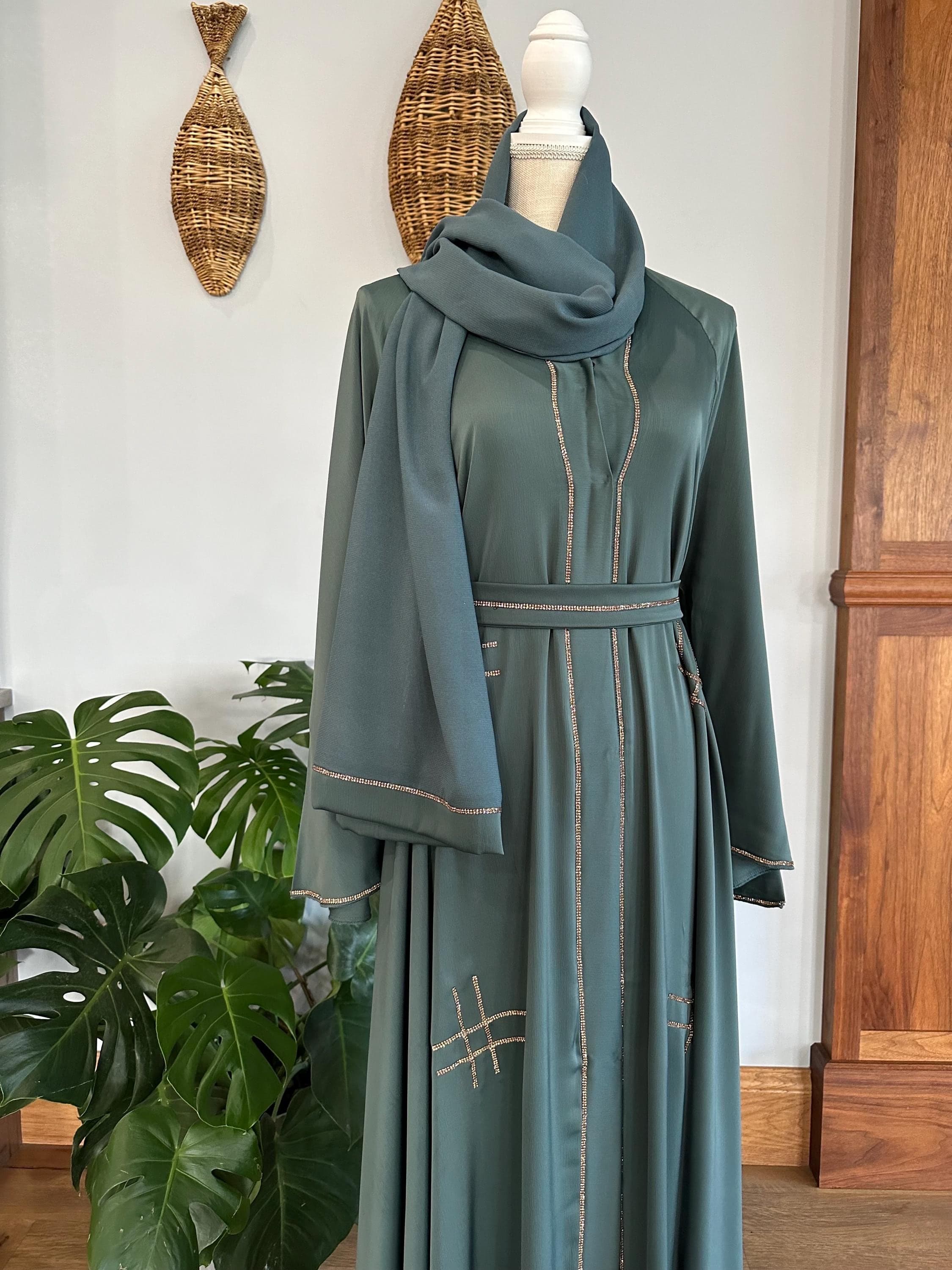Green Dubai Abaya with Matching Belt & Headscarf