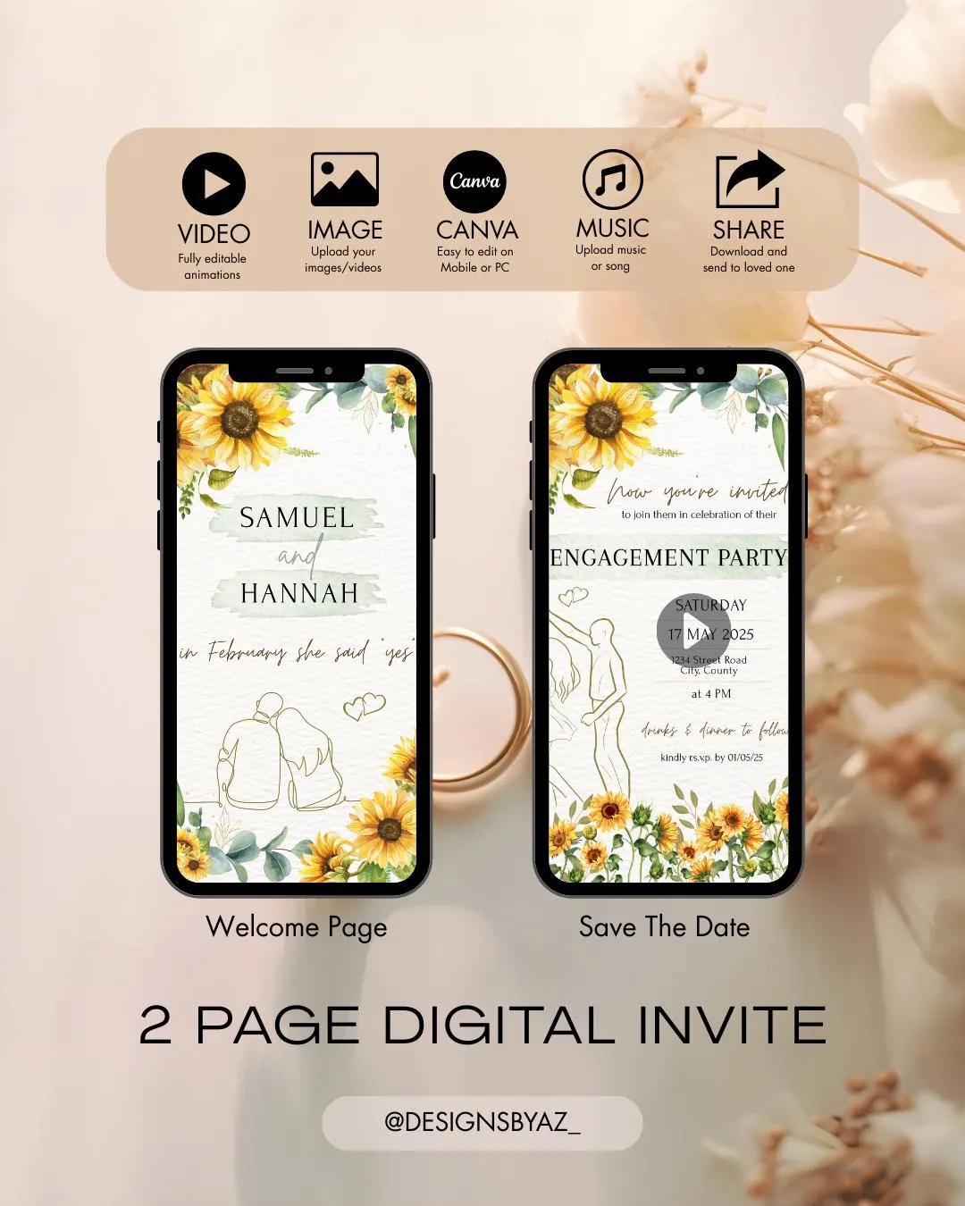 Digital Engagement Invitation: Golden Beginnings, Sunshine Sunflowers (Instant Download, Editable Template for Weddings)