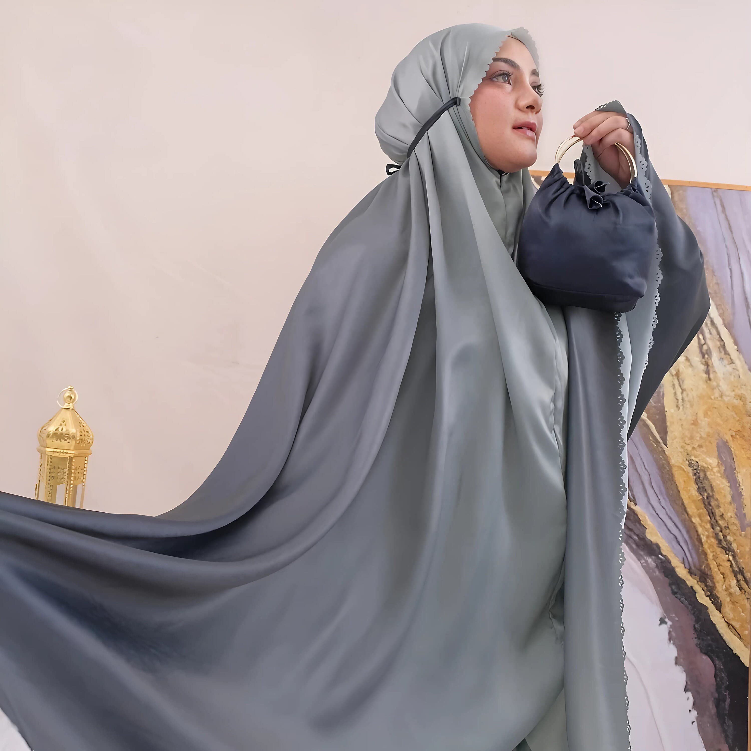 Santorini Shimmer Prayer Outfit: Travel Hijab & Skirt Set with Pouch - image 5